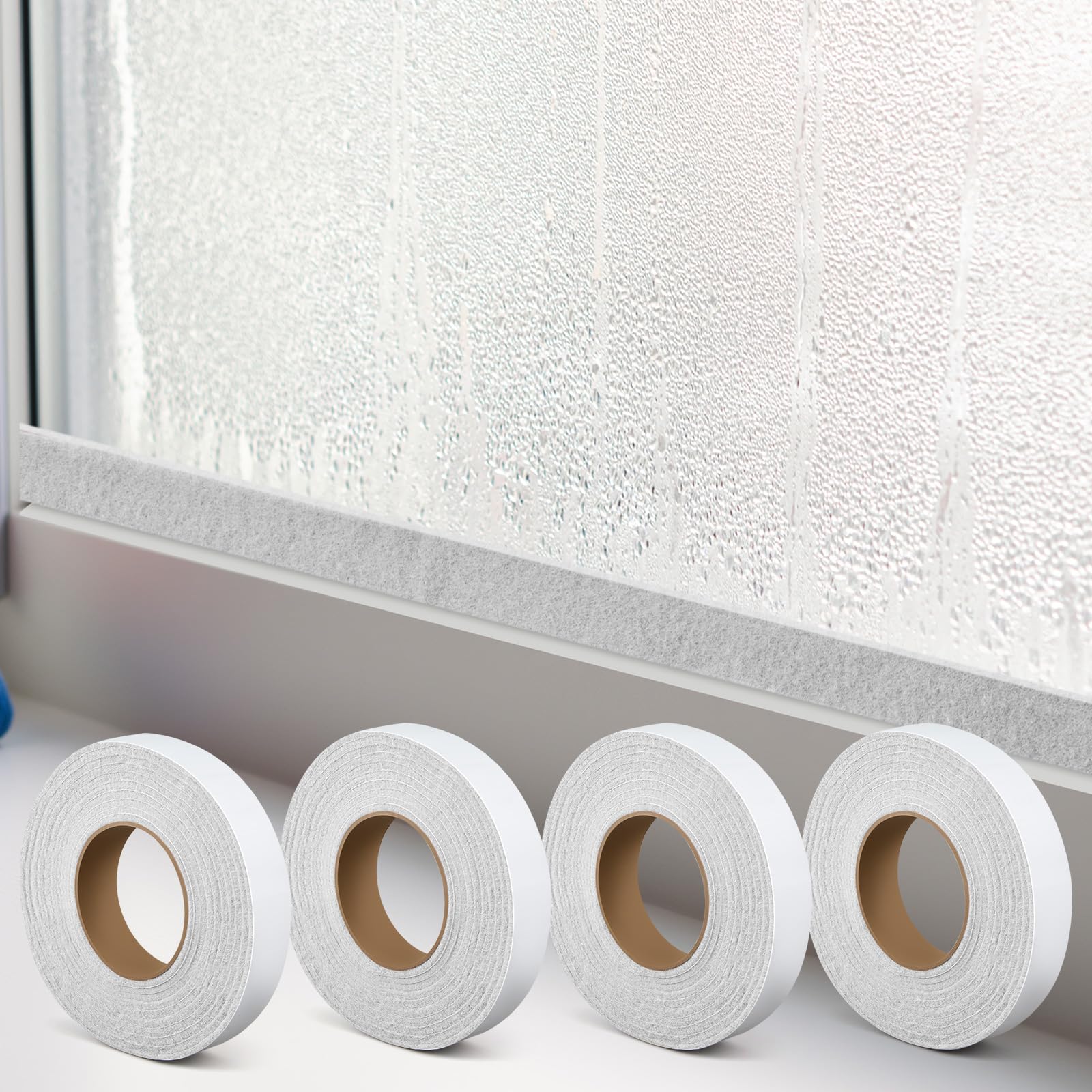 Pushglossy 4 Rolls 1.18"x157" Window Condensation Absorber Tape Beige | Self Adhesive Moisture Barrier, Prevents Window Condensation Damage, Reusable