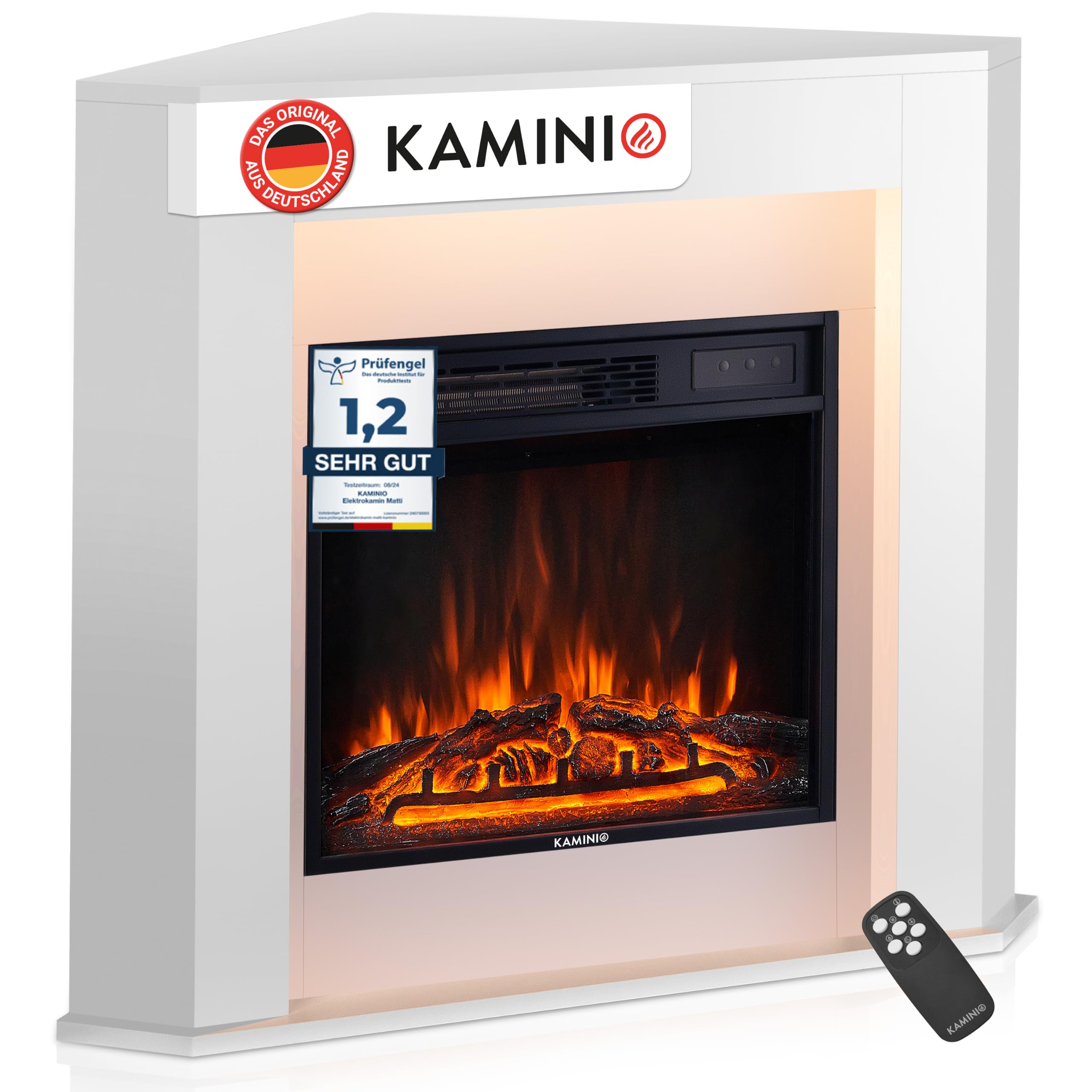 KAMINIO® Matti ECKKAMIN Weiß Elektrokamin mit Heizung [Standkamin Ecke] | elektrischer Kamin, freistehend mit Kaminsims, 3D-Kaminfeuer in 5 Stufen, LED-Ambientelicht, Timer, Thermostat, Fernbedienung
