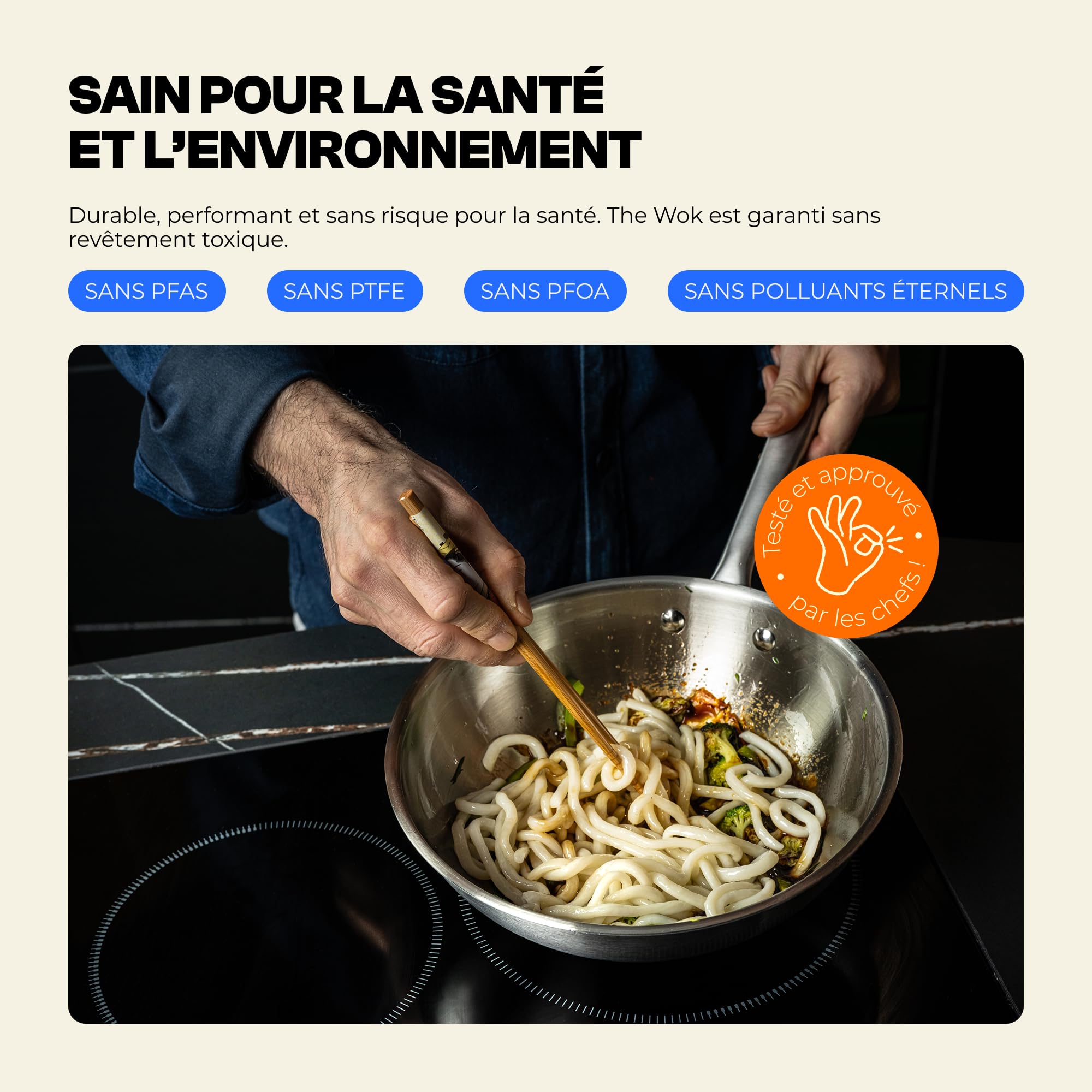 Atma - Wok en Inox 3 Plis – Ø24 cm – Compatible Tous Feux, Cuissons Express et Polyvalentes – Sans PFAS, Ni Revêtement Chimique – Grande Contenance, Manche Riveté – Fabriqué en France