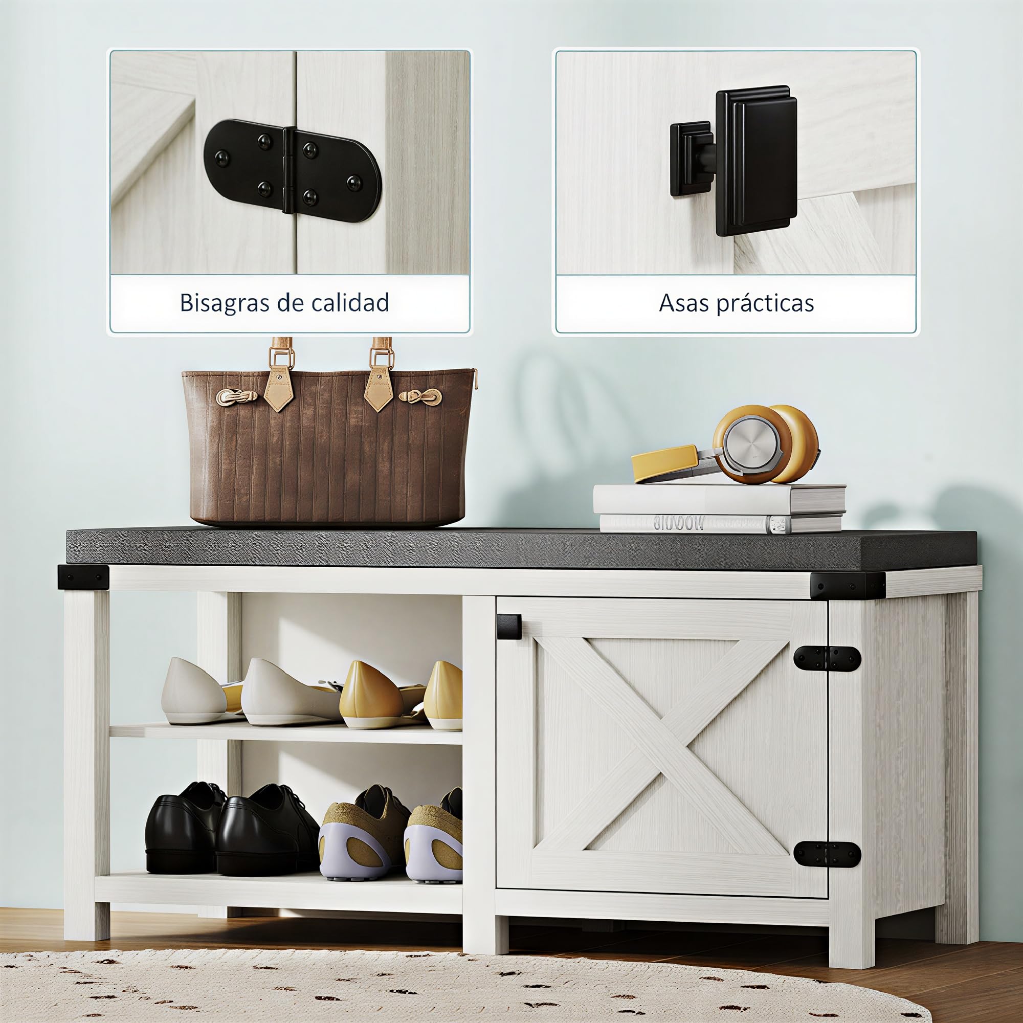 HOMCOM Banco Zapatero Rústico con Asiento Organizador de Zapatos con Compartimentos para 7 Pares Cojín para Entrada Salón Dormitorio 100x40x48 cm Blanco Grisáceo y Gris