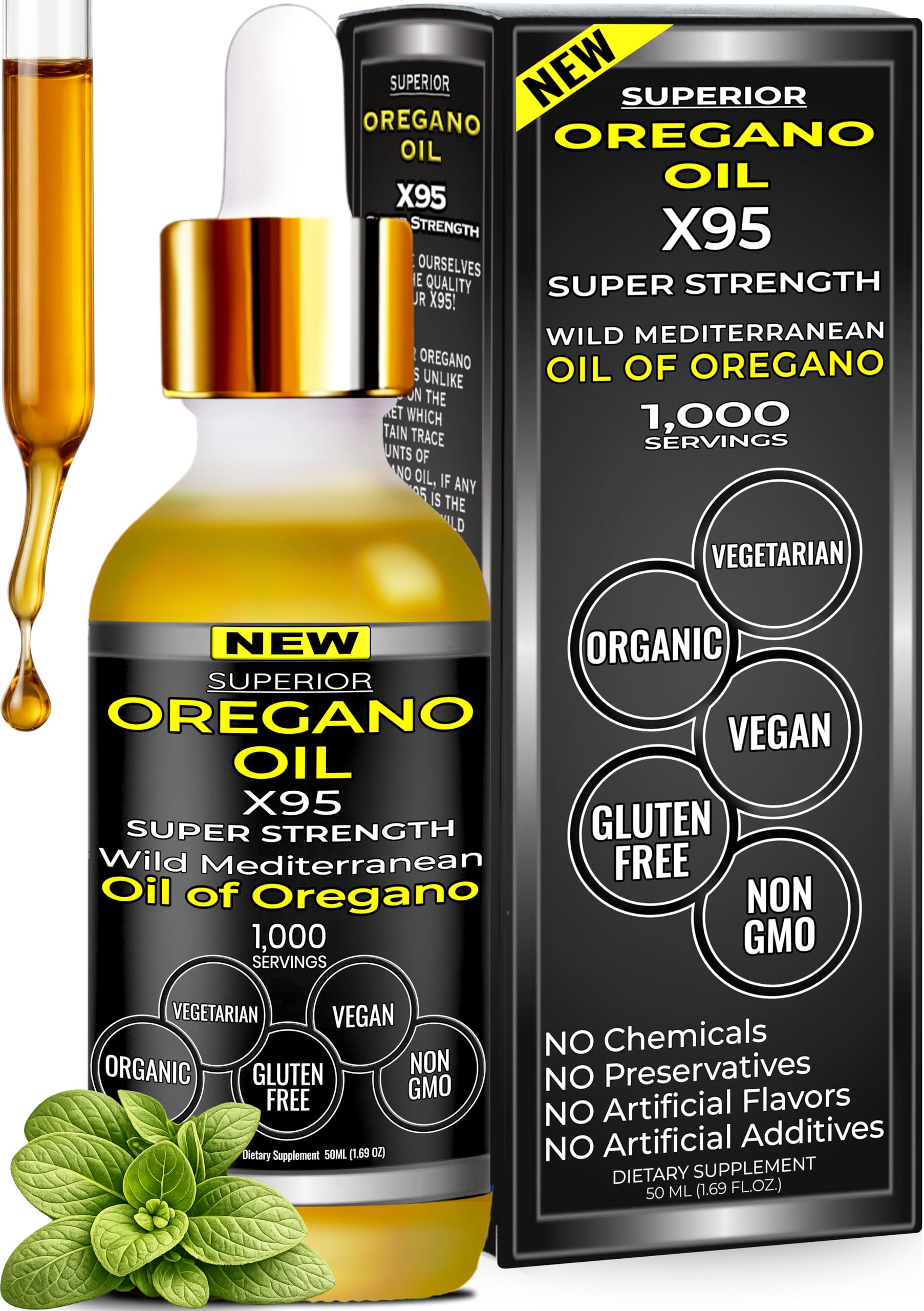 Organic Oregano Oil Drops - 1,000 Servings, 12 Month Supply, Wild Oil of Oregano 9X Carvacrol, Immune & Digestive Support, Non-GMO, Food Grade Herbal Supplement, Alternative to oil of Oregano Tincture
