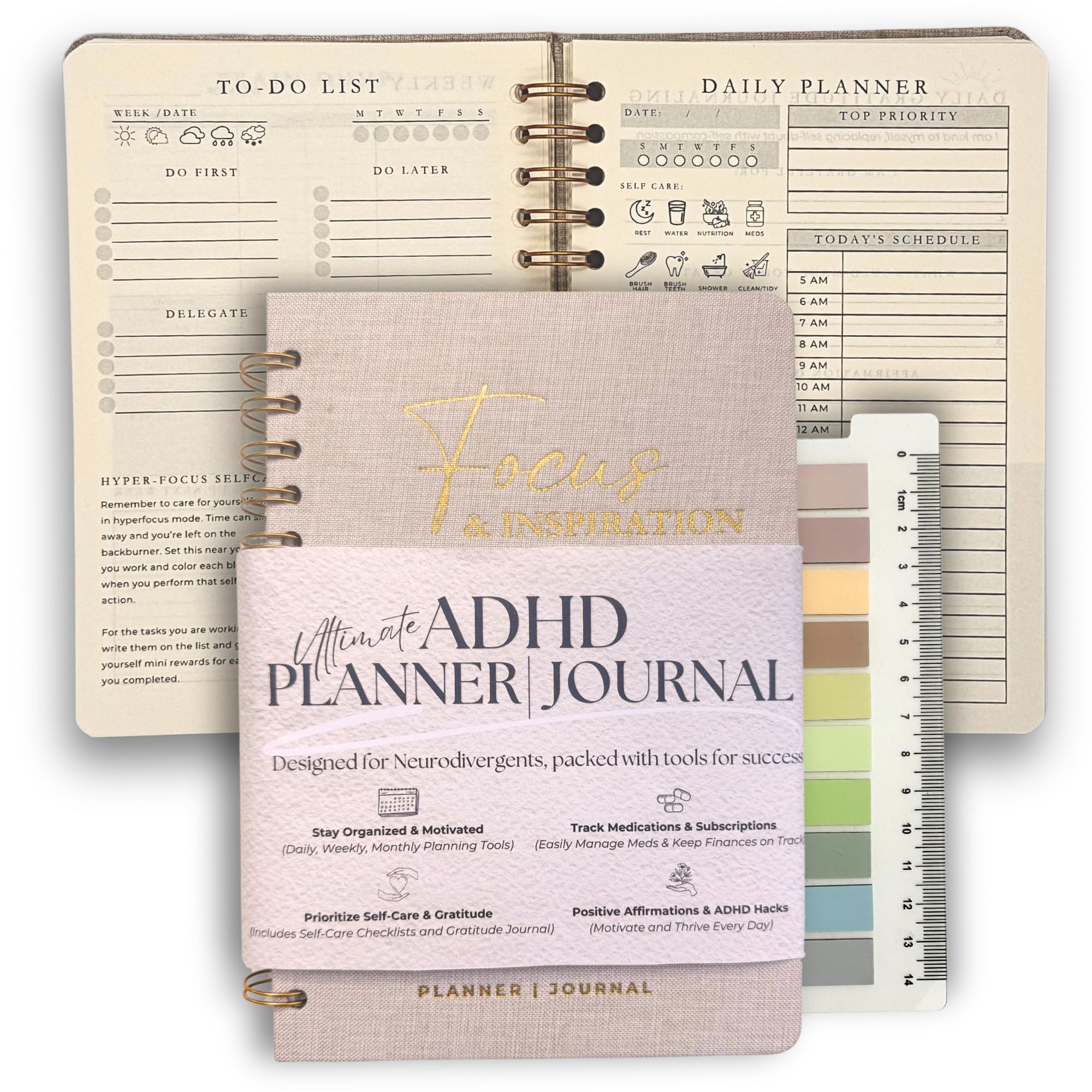 Neurodivergent ADHD Planner - Spiral Bound Monthly, Weekly & Daily w/Removable Ruler & Stickers - Gratitude Journal w/Self Care, Financial & Medical Trackers - Unique Notebook Journal for Adults