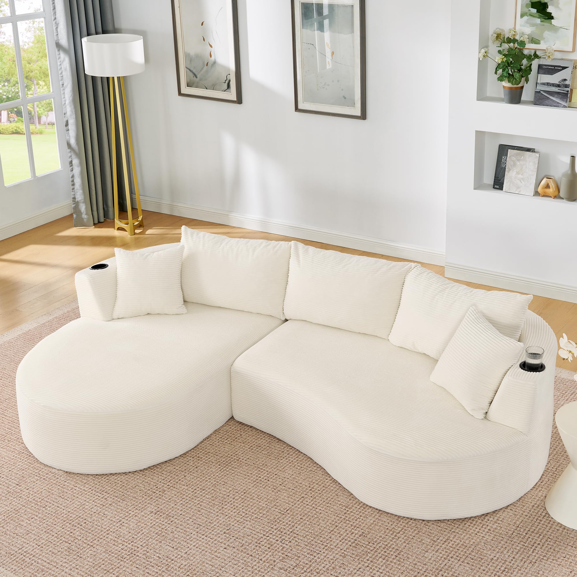 Sofá de 3 Plazas con Pana Suave, Chaise Longue Izquierda, Beige, 2 Piezas