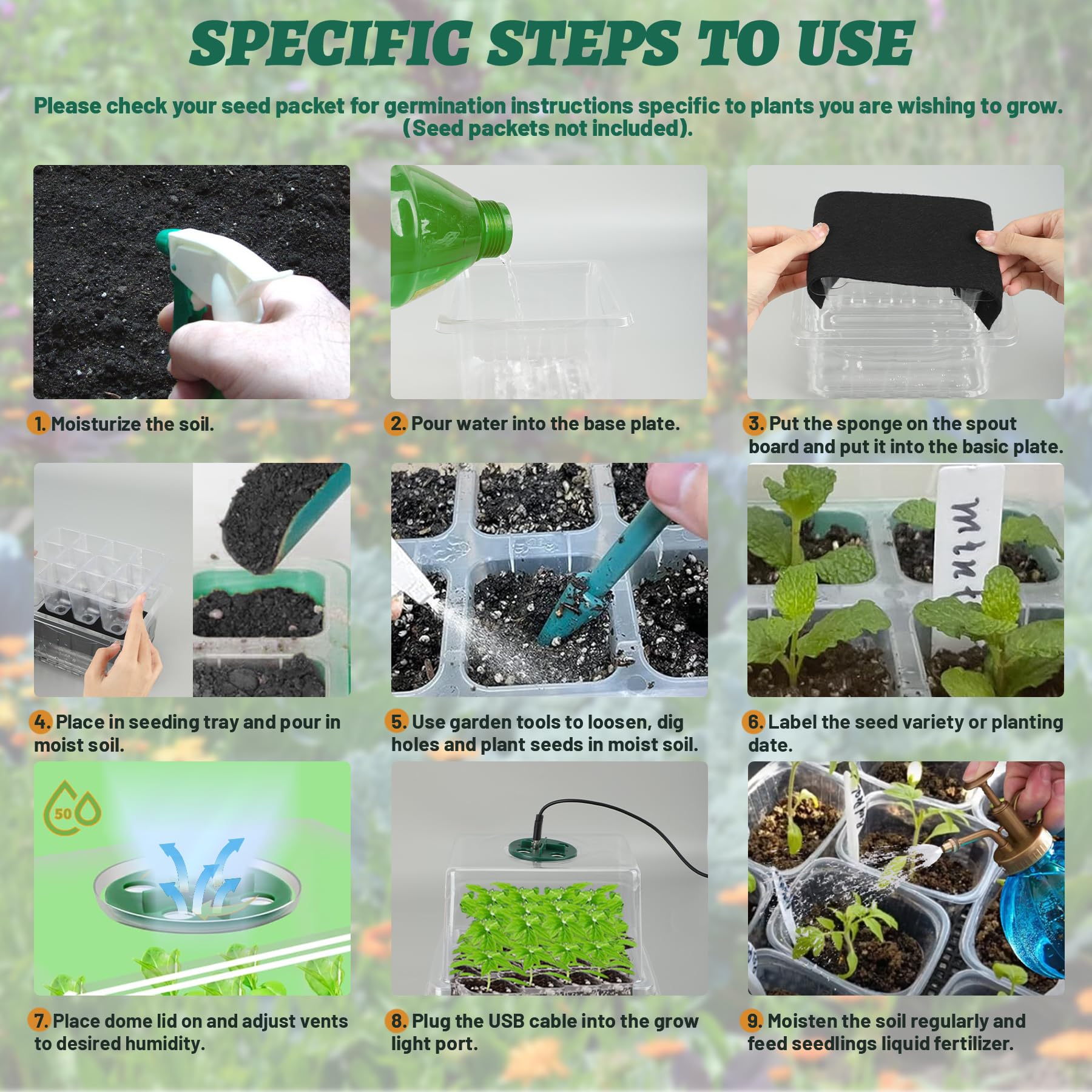 VEEKAY 6 Pièces Auto-arrosant Mini Serre pour Plantes kit,Kit de Culture Serre avec LED luminosité réglable,avec Coussin Absorbant,Température et humidité réglables,avec kit D'outils De Plantation