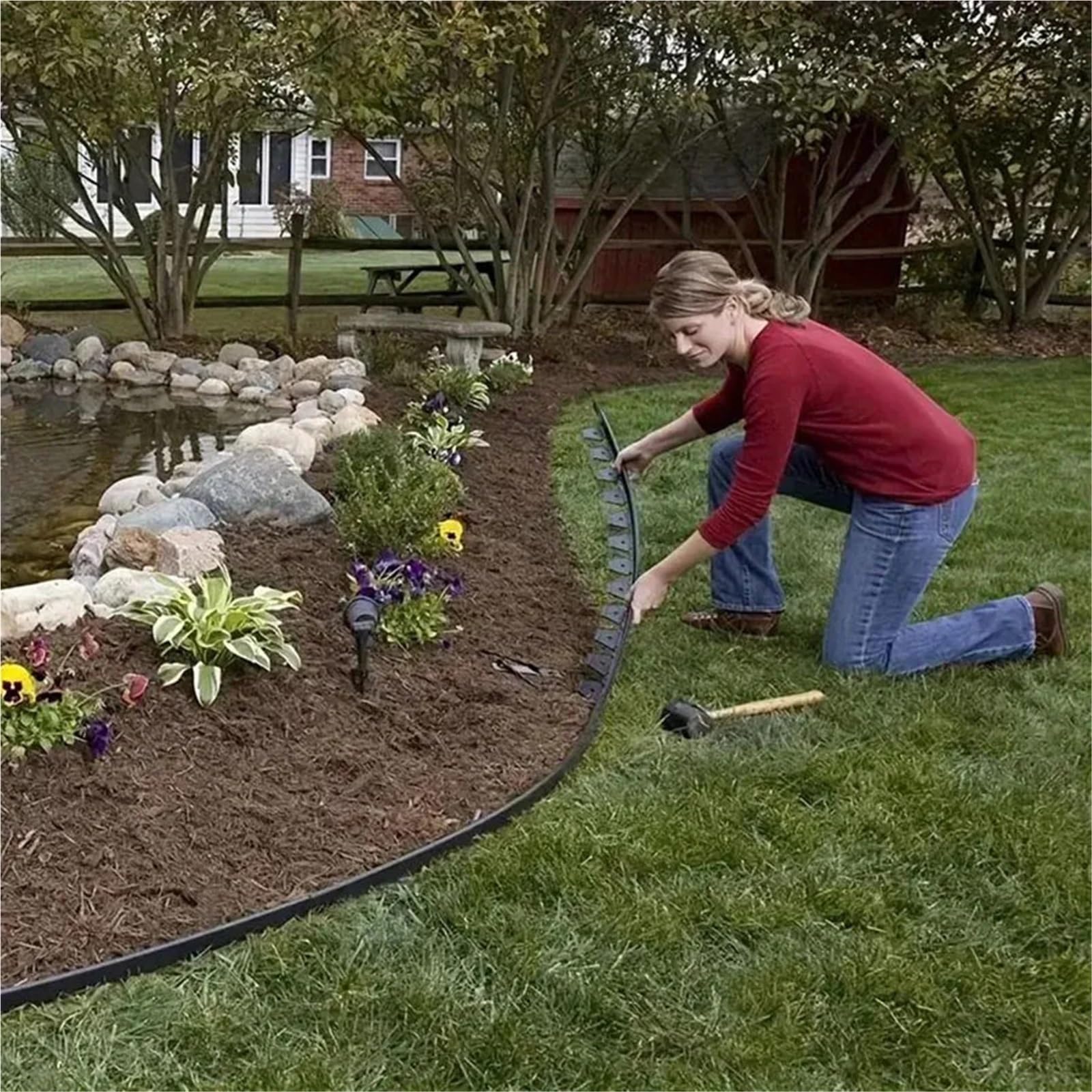 Bordura de Jardín de Plástico Garden Edging Kit, Landscape Barrier with Spikes for Grass and Stone Separation, 2 Inch Tall Paving Edge(Black 10 Meters)