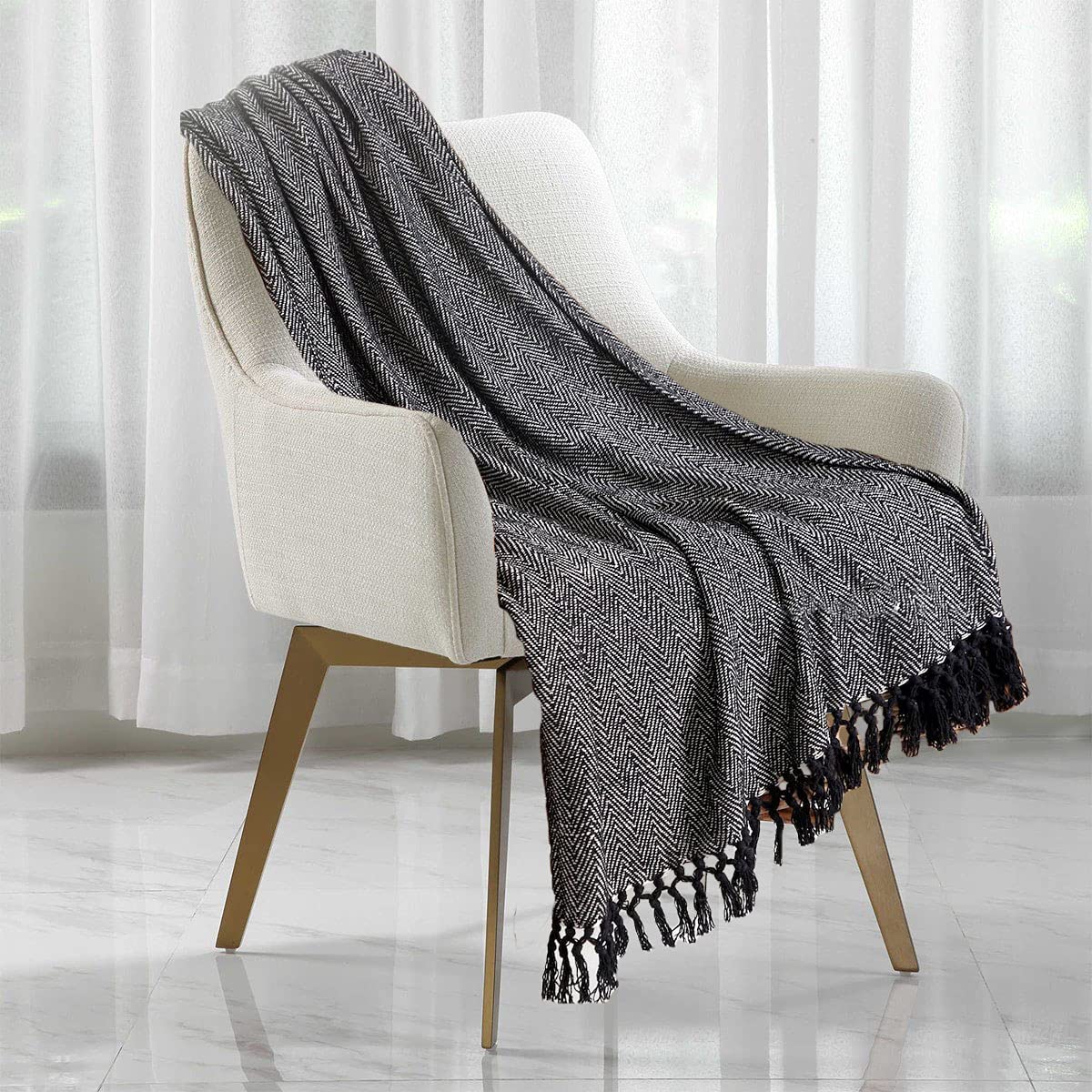 Herringbone Throw for Sofa and Bed, Large 3 Seater Sofa Cover, Single and Double King Size Bed Blanket, Black Throw Single (178cms x 254cms) — image 1