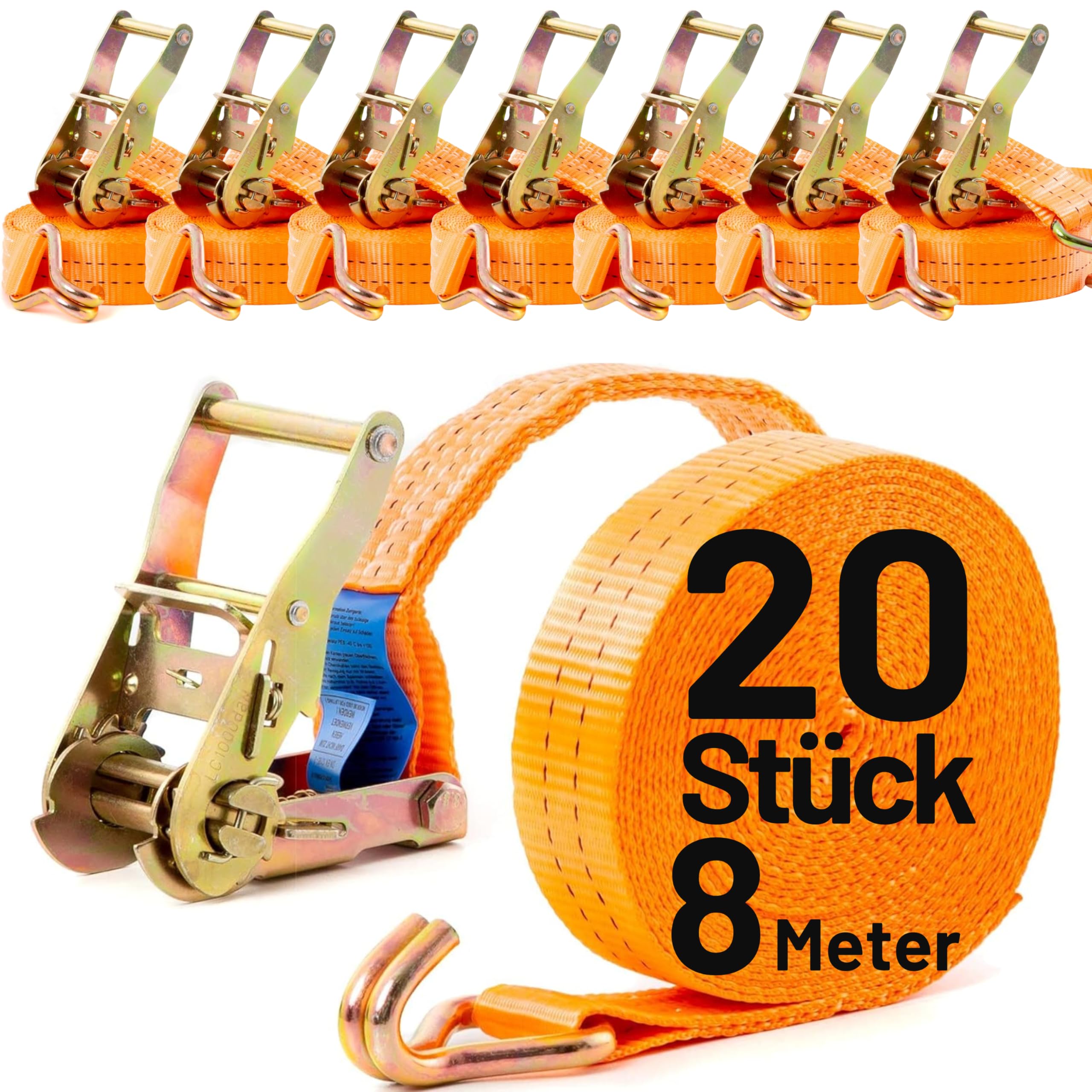 20x Spanngurt mit Ratsche und Haken 8 m bis 2000 kg, bis 2,0 t / 2000 daN, zweiteilig 2-TLG Ratschengurt orange, 35 mm Gurtbreite Zurrgurt