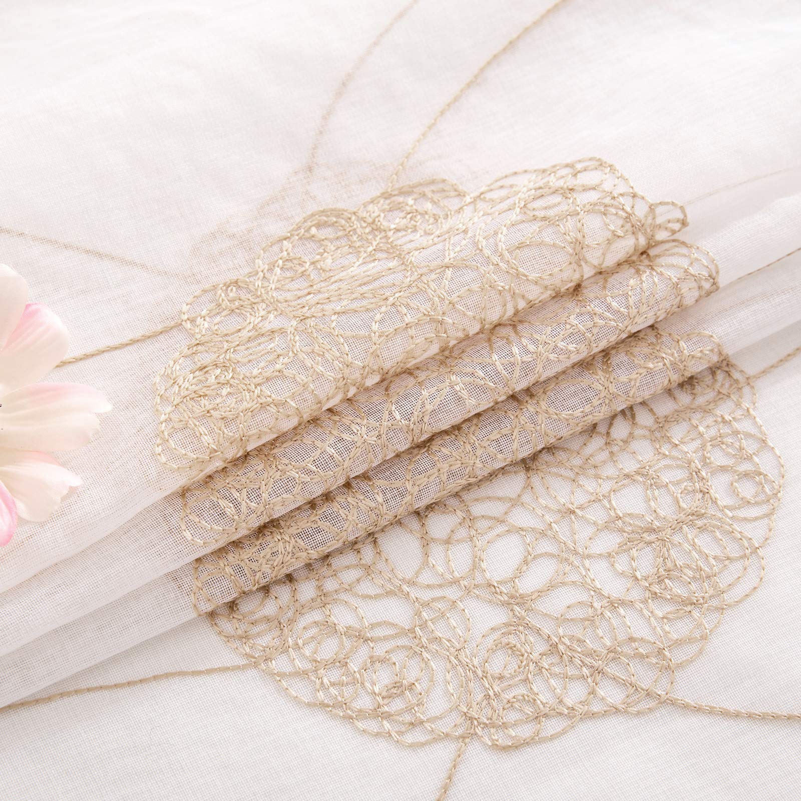 MIULEE Rideau Voilage Blanc à Oeillets avec Or Motif Broderie, Lot de 2 Rideaux Tulle Transparent 140x225cm pour Salon Chambre