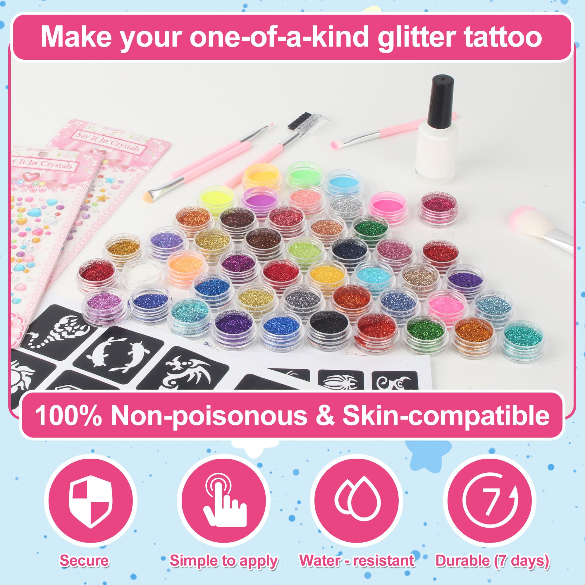 Kit Tatuaggi Glitterati, adatto a bambini e bambine dai 4 ai 12 anni, Kit per Tatuaggi flash temporanei con 48 colori, 192 modelli, 5 pennelli, 3 flaconi di colla, 2 fogli di adesivi glitterati
