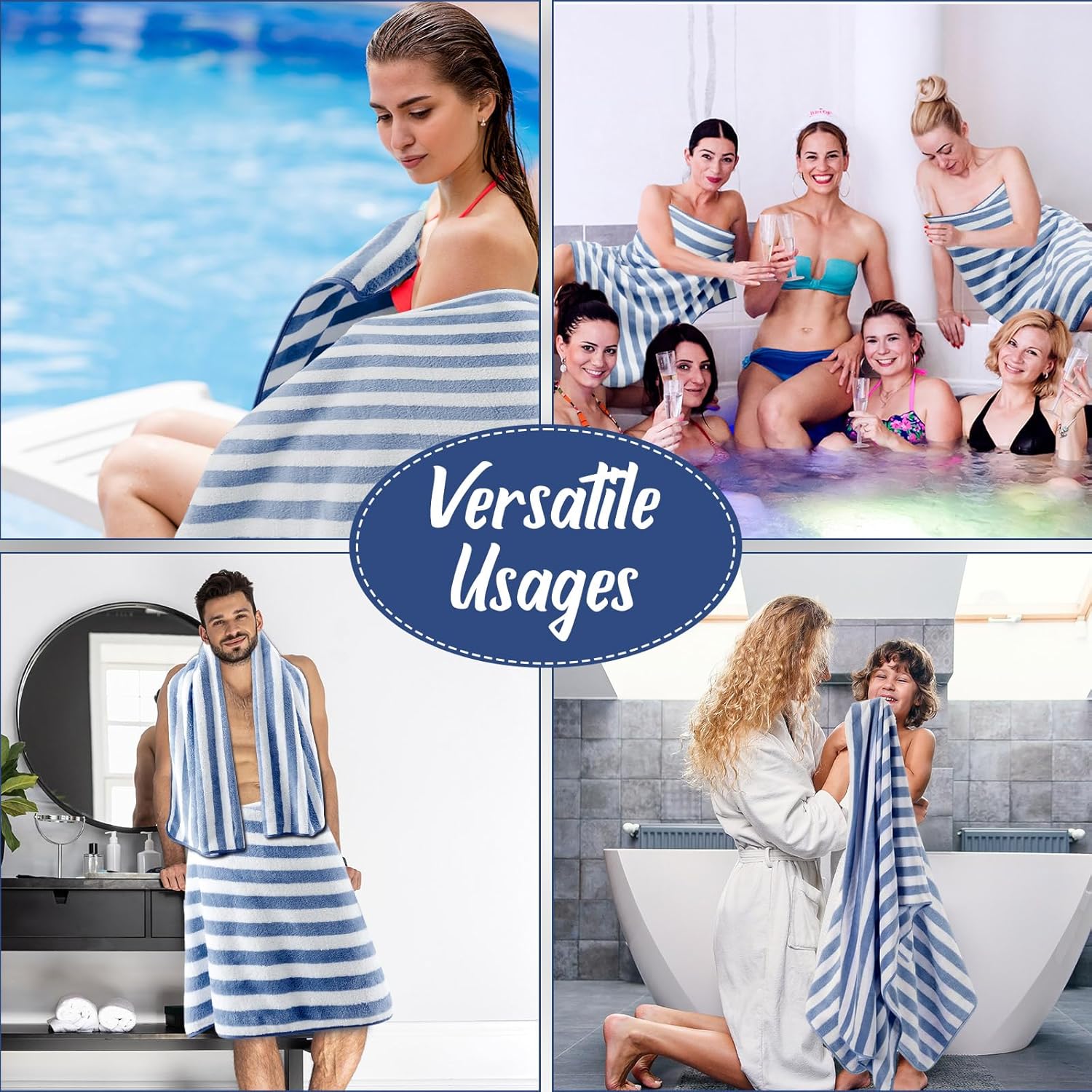 SmoothNovelty 16 Pack Microfiber Bath Towels Bulk 27'' x 60'' Oversized Size Bath Towel Highly Absorbent Extra Large Soft Drying for Beach Shower Summer Salon Sport Gym Party (Stripes,Haze Blue)