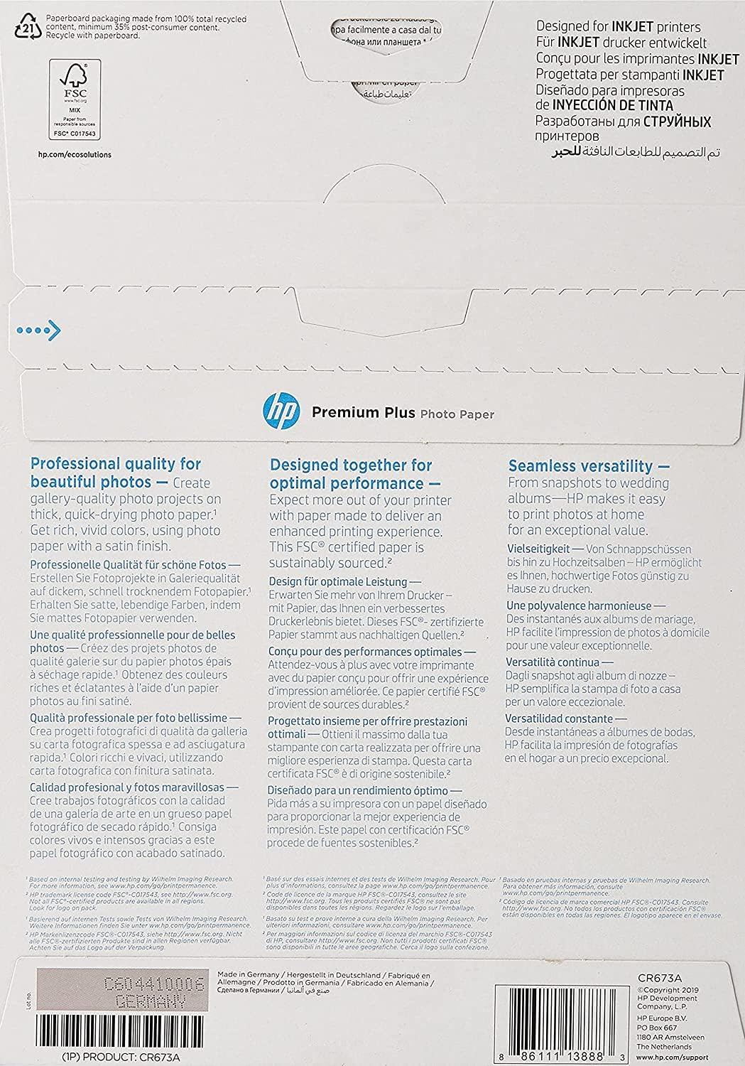 HP Premium Plus CR673A, Carta fotografica satinata, grammatura 300 g/m2, formato A4, Confezione da 20 fogli