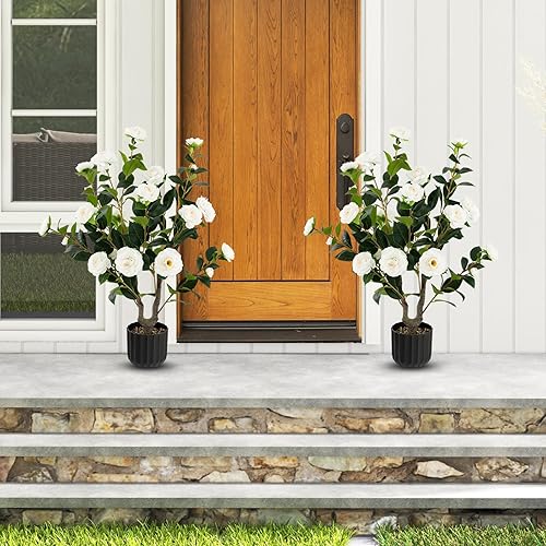 Miniatura 2 de Goplus Árbol de camelia artificial de 38 pulgadas, plantas de flores, árbol artificial de flores artificiales en maceta de cemento, planta verde en