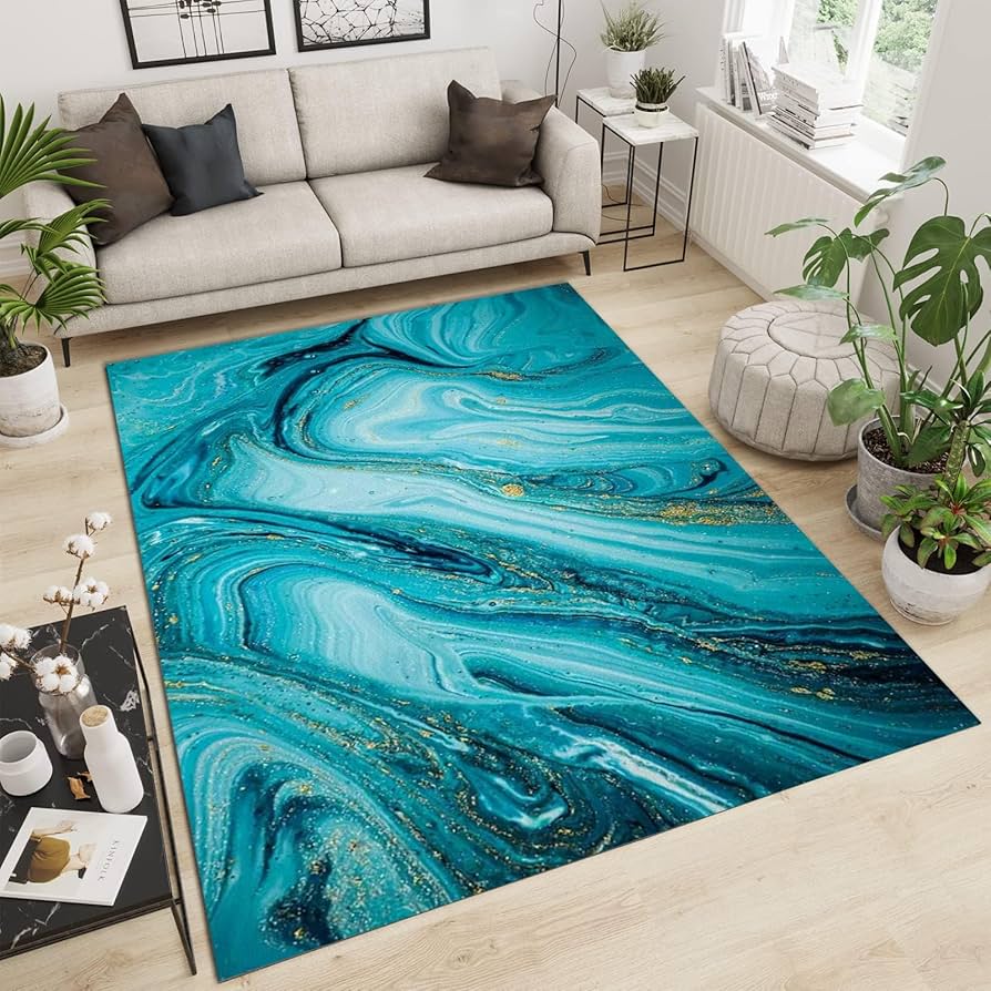 Amazon｜ターコイズブルーのストライプのデザイナーラグ、ファッション