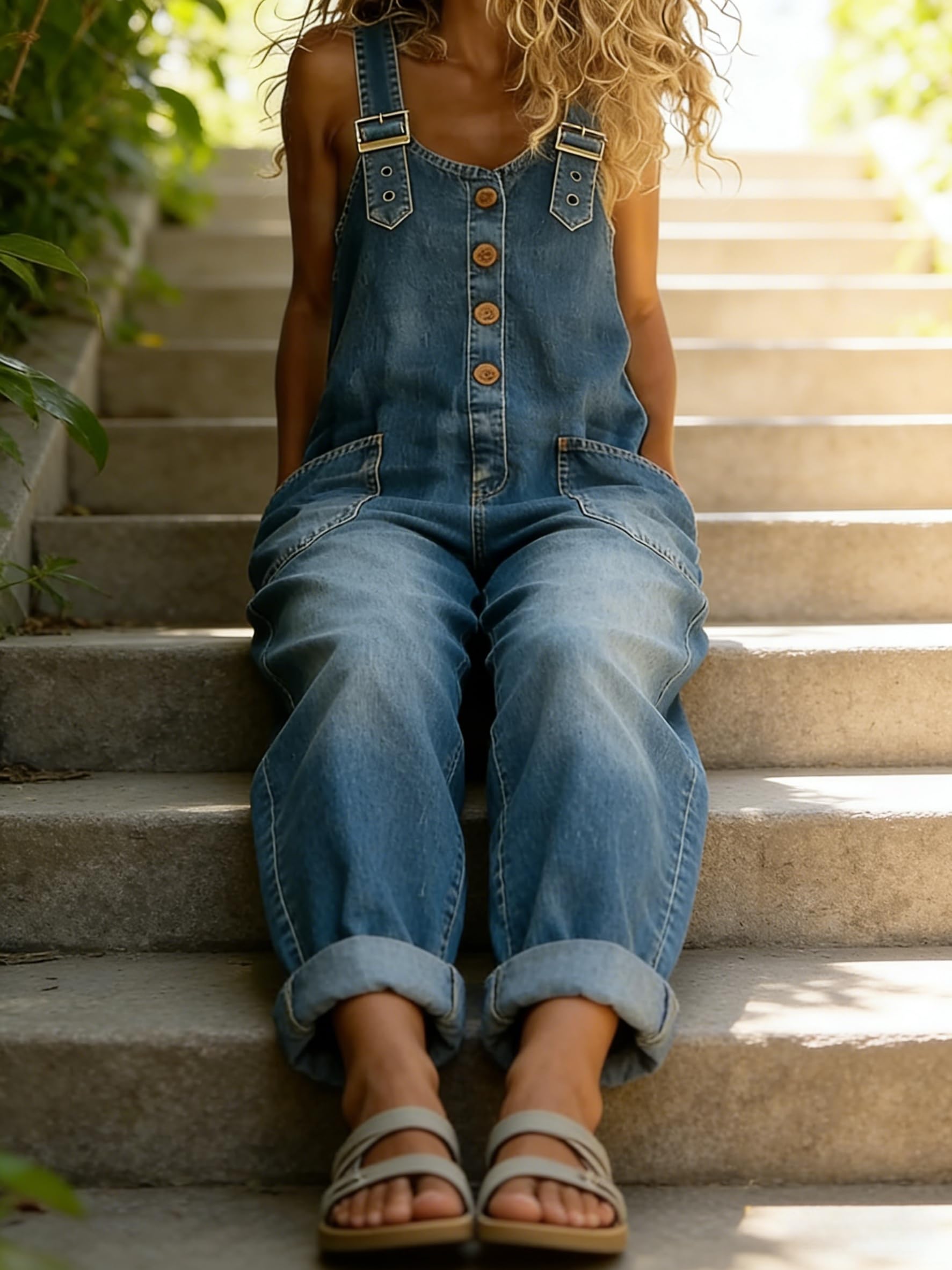 Salopette in jeans Y2K da donna con chiusura a bottoni, gambe larghe, tuta in jeans, stile vintage, vestibilità ampia, salopette larga effetto invecchiato