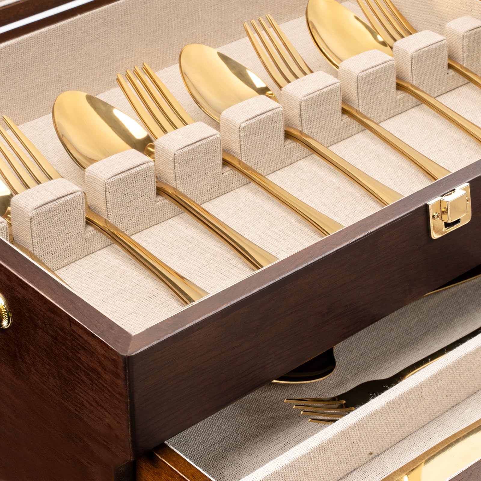 Caja de almacenamiento de cubiertos, caja de almacenamiento de cubiertos de 3 capas con cajón, baúl de cubiertos de madera con asa y forro de lino, funda rústica para guardar cubiertos y