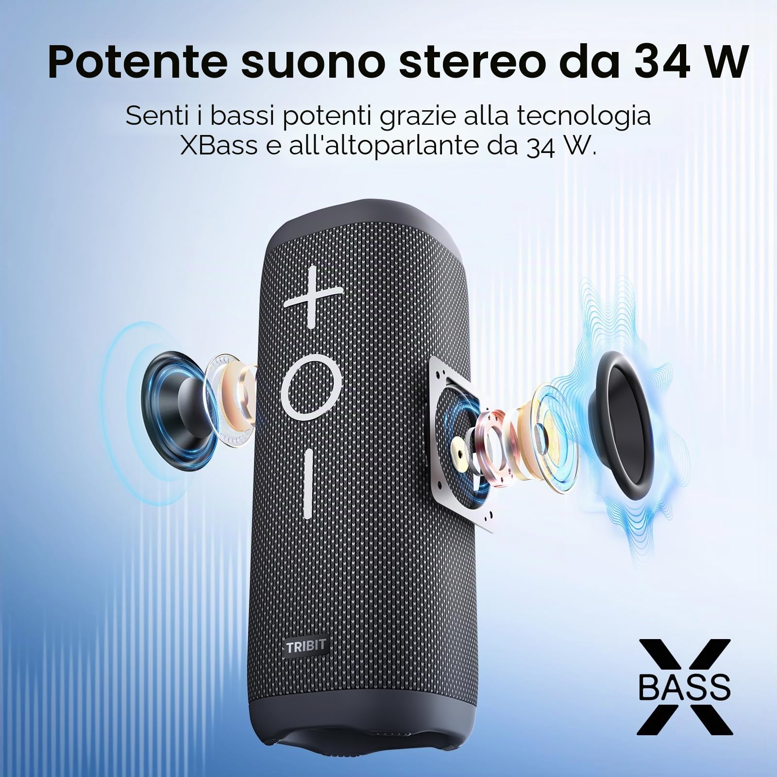 Tribit StormBox 2 Altoparlante Bluetooth da 34W con suono surround a 360°, tecnologia XBass, 24 ore di riproduzione, IPX7, altoparlante portatile senza fili da esterno con collegamento TWS