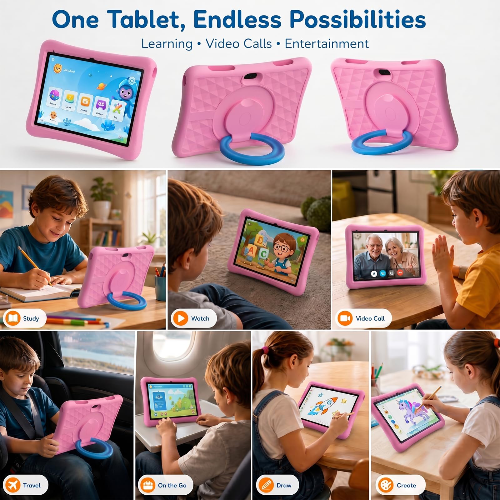 Tablet per bambini da 10 pollici Android Tablet per bambini viene fornito con una custodia protettiva resistente agli urti, 8 GB RAM 32 GB ROM tablet supporta MicroSD da 1 TB, batteria 6000 mAh doppia