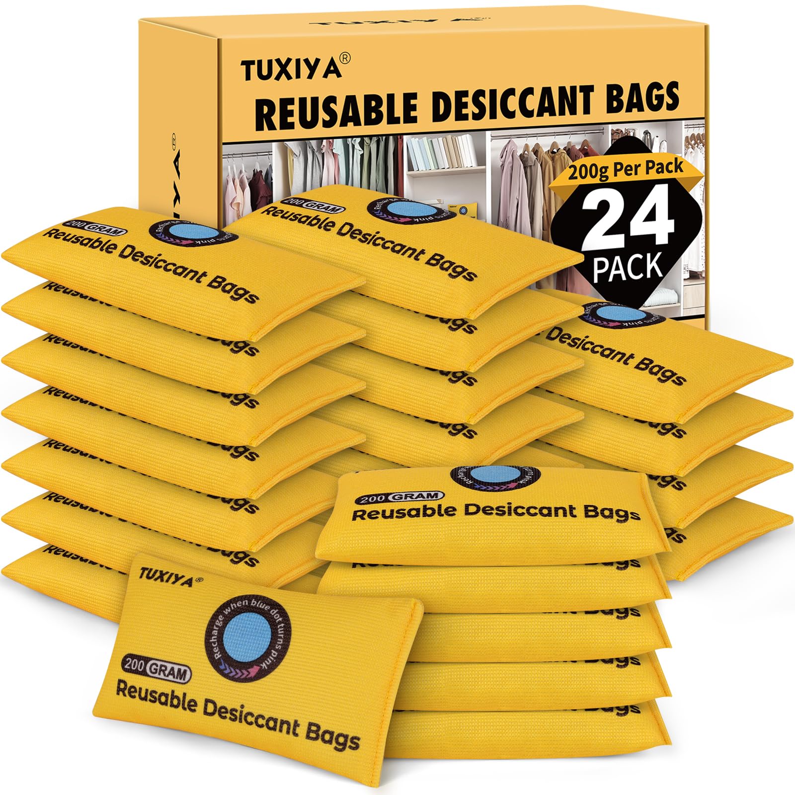 TUXIYA Paquete de 24 paquetes desecantes recargables de gel de sílice (200 g cada uno), paquetes desecantes indicadores de color para almacenamiento, absorbentes de humedad para contenedores de