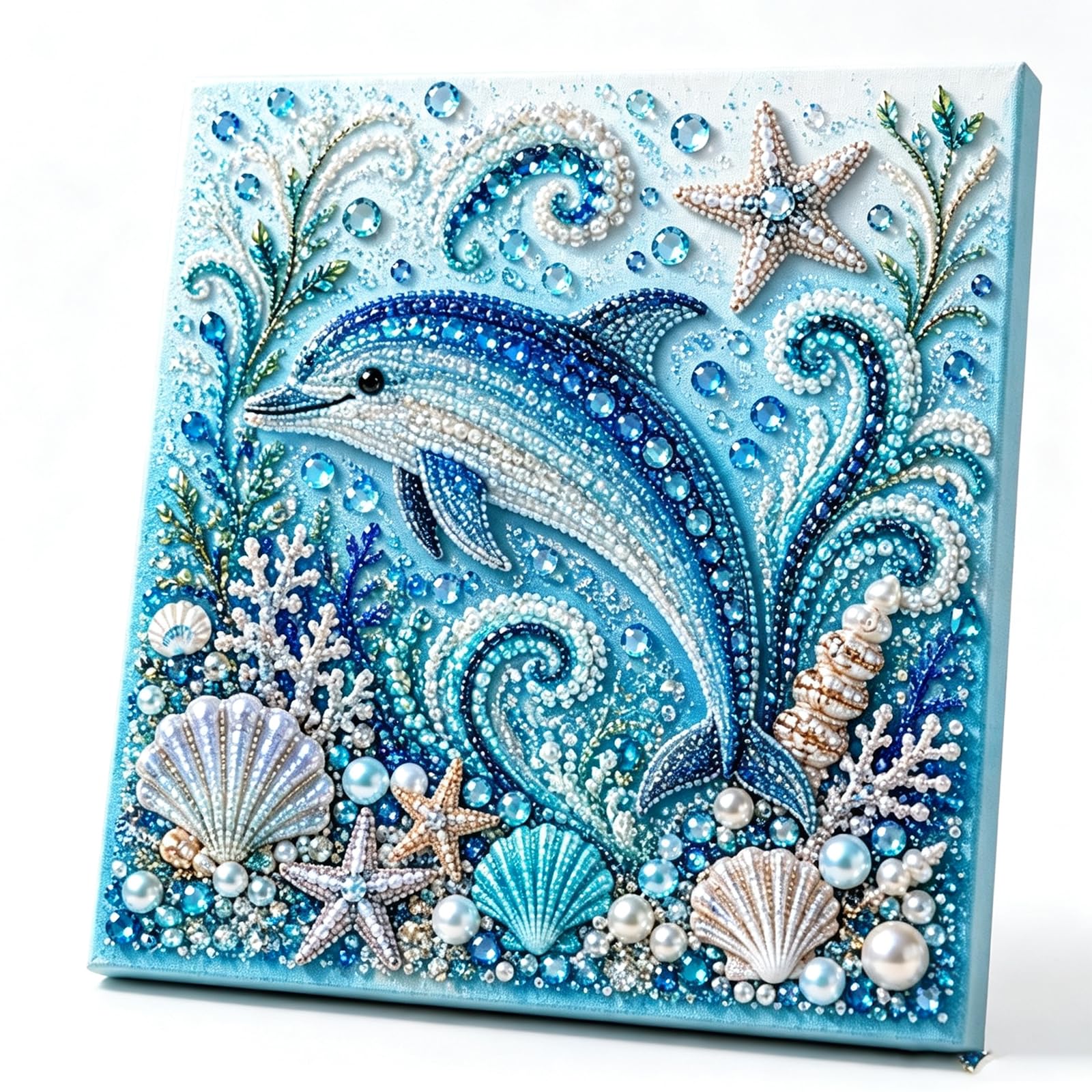 Ocean Theme Pearl Art DIY Kit, Blue Ringed Octopus 3D Diamond Painting Crafts for Adults, Diamond Pearl Painting Kit Wall Art, DIY Pearl Mosaic Craft Set for Beginner, Coastal Home Decor (Dolphin)