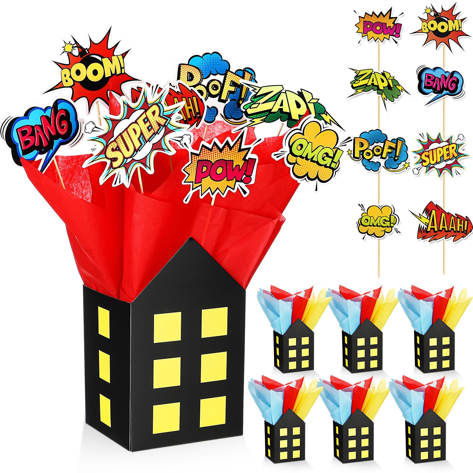 Soulchen 6 Sets 84 Pcs Hero Themed Party Centerpieces Decorations Hero Action Sign Table Toppers with City Box Circus Sound Effect Cutouts and Sticks