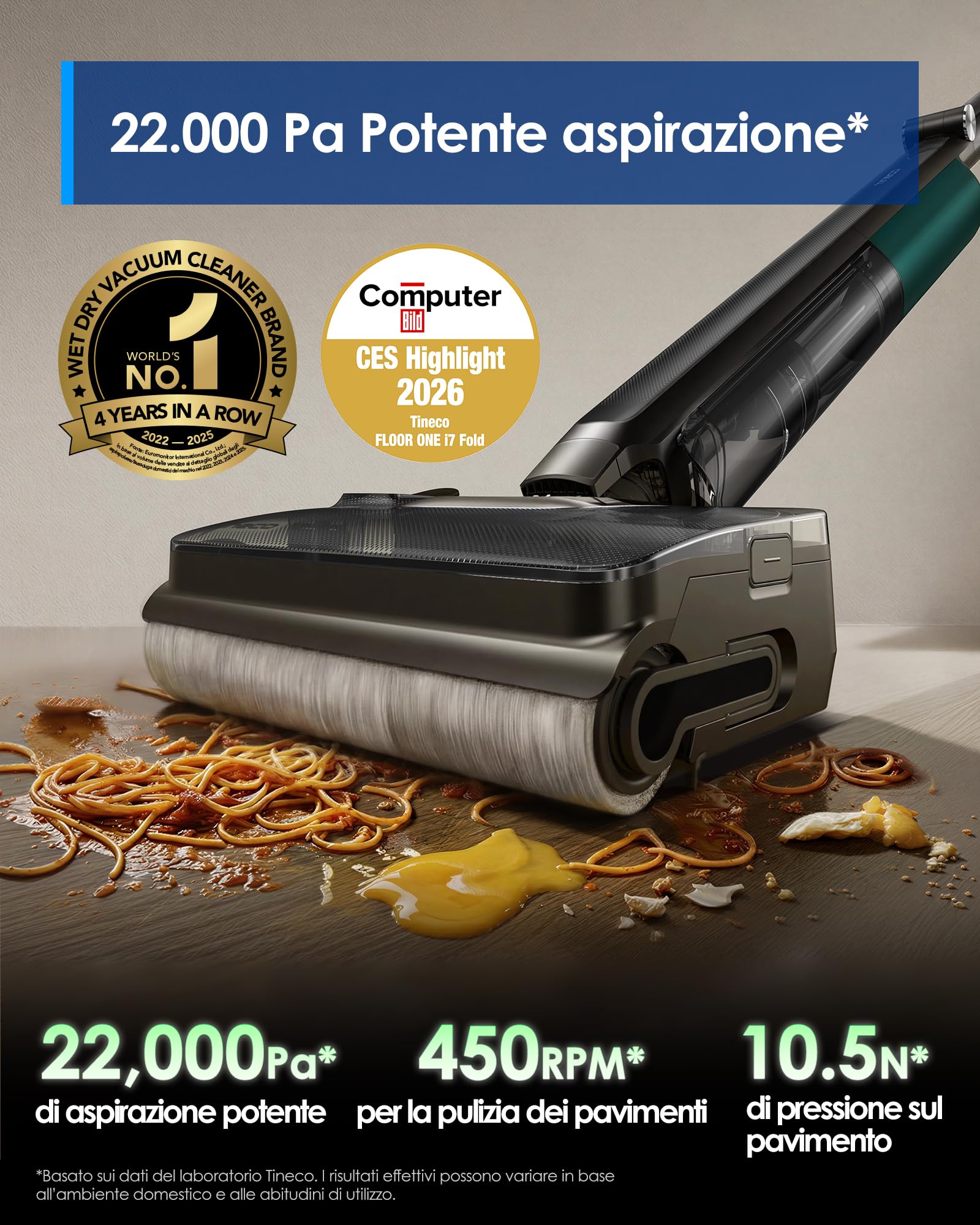 Tineco Floor One i7 Fold Lavapavimenti aspirapolvere senza fili, 22.000Pa, Anti-Groviglio DualBlock, Tubo 180°, FlashDry 85℃, 45 dB Silenzioso, 50min, Pulizia Bordi