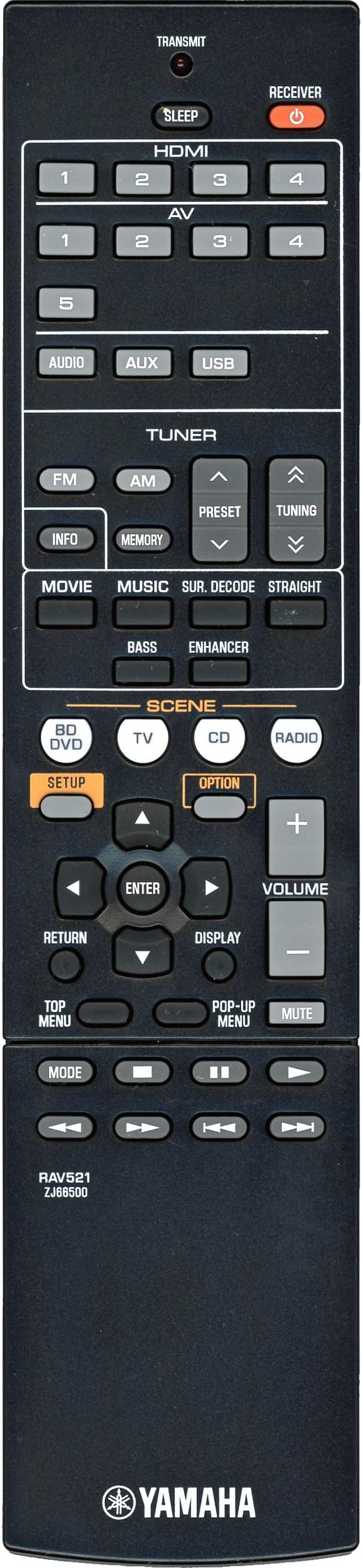 Yamaha RAV521 Audio/Video Receiver Remote Control - Part # ZJ665000