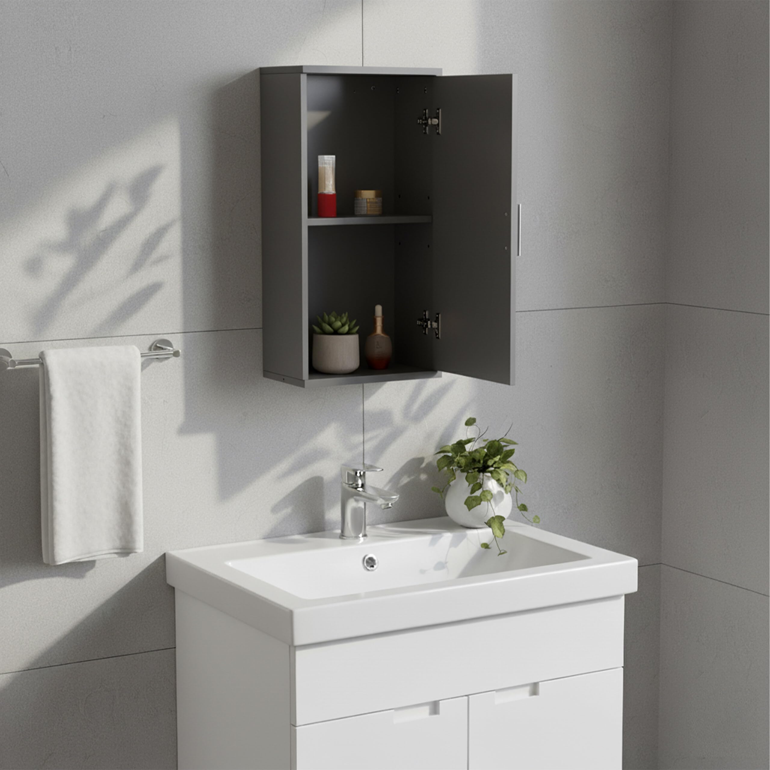 Relaxdays Armoire Suspendue Salle de Bain, 2 Compartiments, H x L x P : 62 x 30 x 21 cm, étagère réglable, MDF, Gris