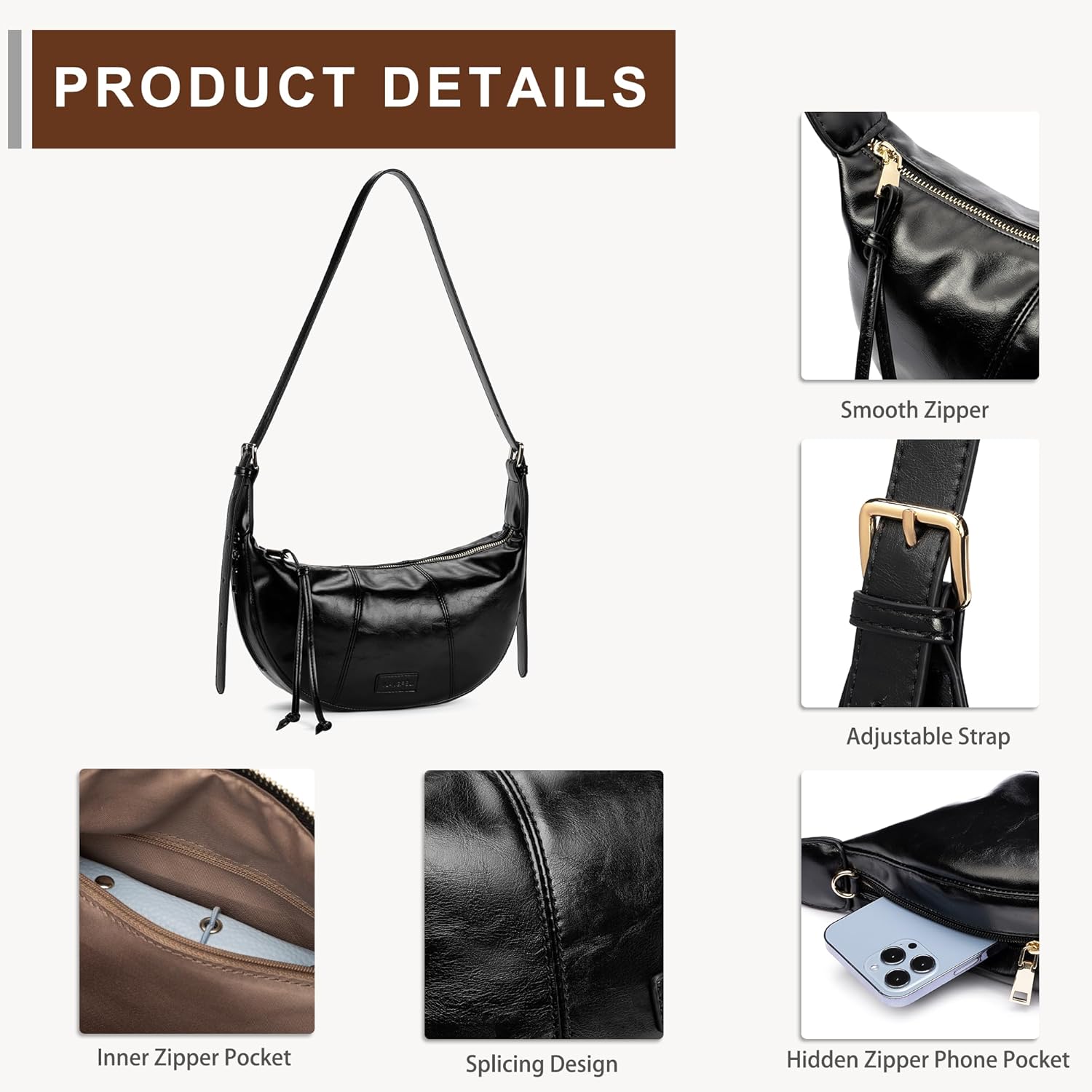 Small Crescent Crossbody Bags for Women Vegan Leather Womens Purse Hobo Shoulder Sling Bag Handbag with Adjustable Strap