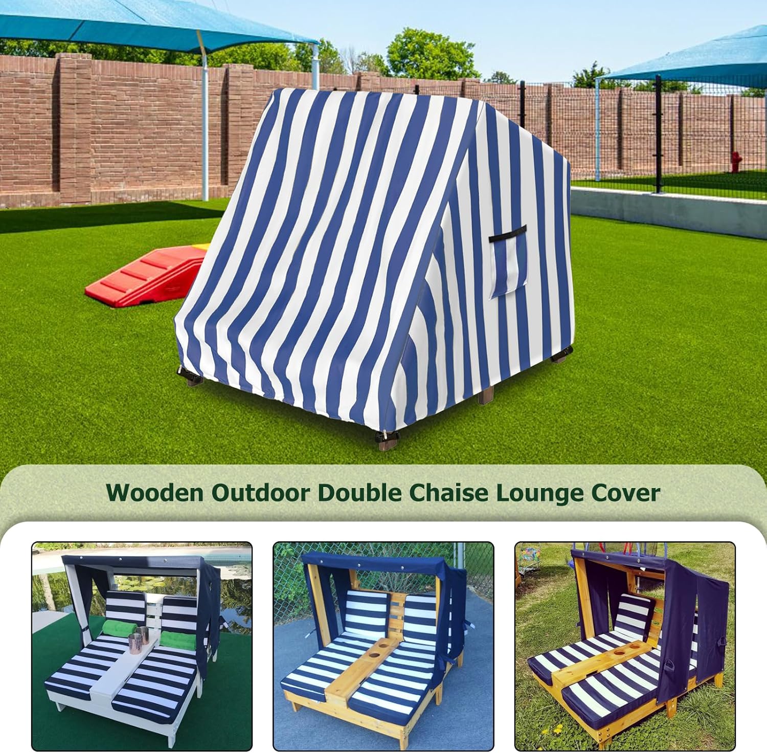 Kids Outdoor Chaise Lounge Cover for Wooden Double Chaise Lounge,Waterproof Patio Furniture Cover with Zipper for Kids or Pets,Blue