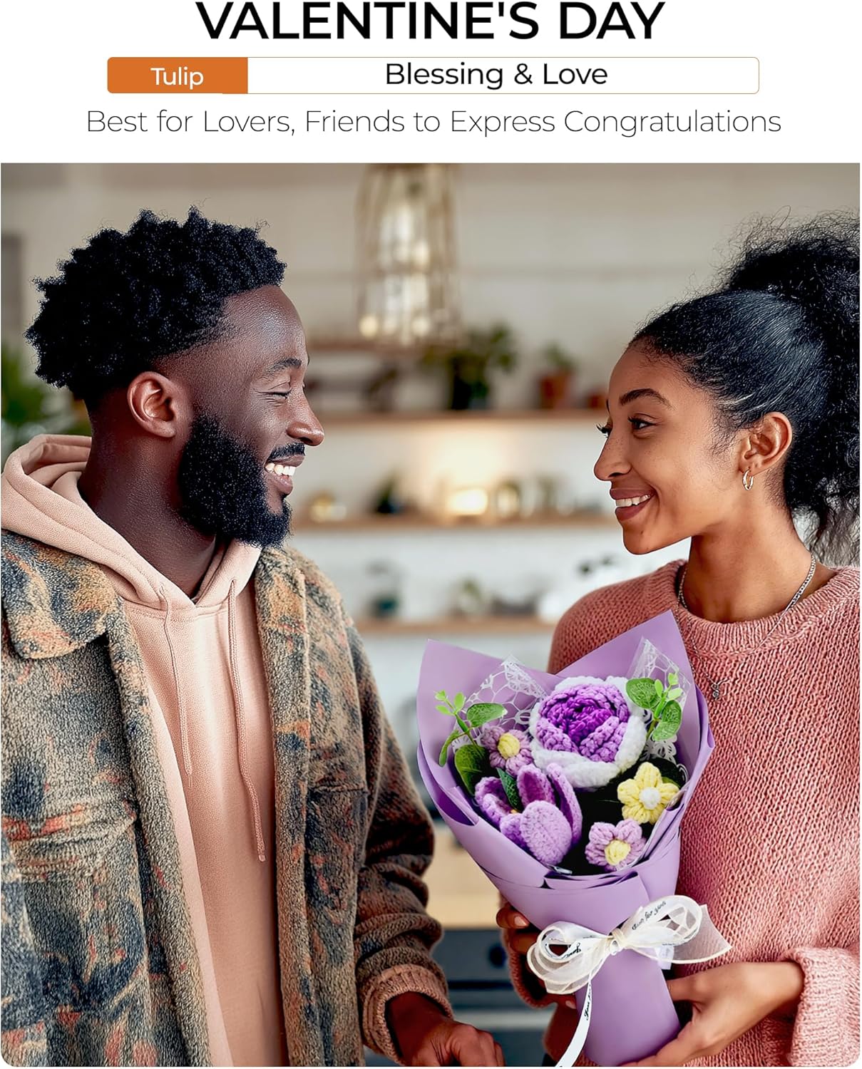 Crochet Flowers Bouquet Valentine's Day Gift for Wife Girlfriend Mother Women, Handmade Artificial Knit Purple Rose Tulip Flower for Wedding Anniversary Birthday Valentine Present, Home Decor - Image 2