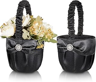 2 Pcs Wedding Black Flower Girl Basket Gothic Flower Basket for Wedding Ceremony Satin Rhinestone with Handle for Petals Confetti Banquet Home Decoration Western Party (Snowflake)