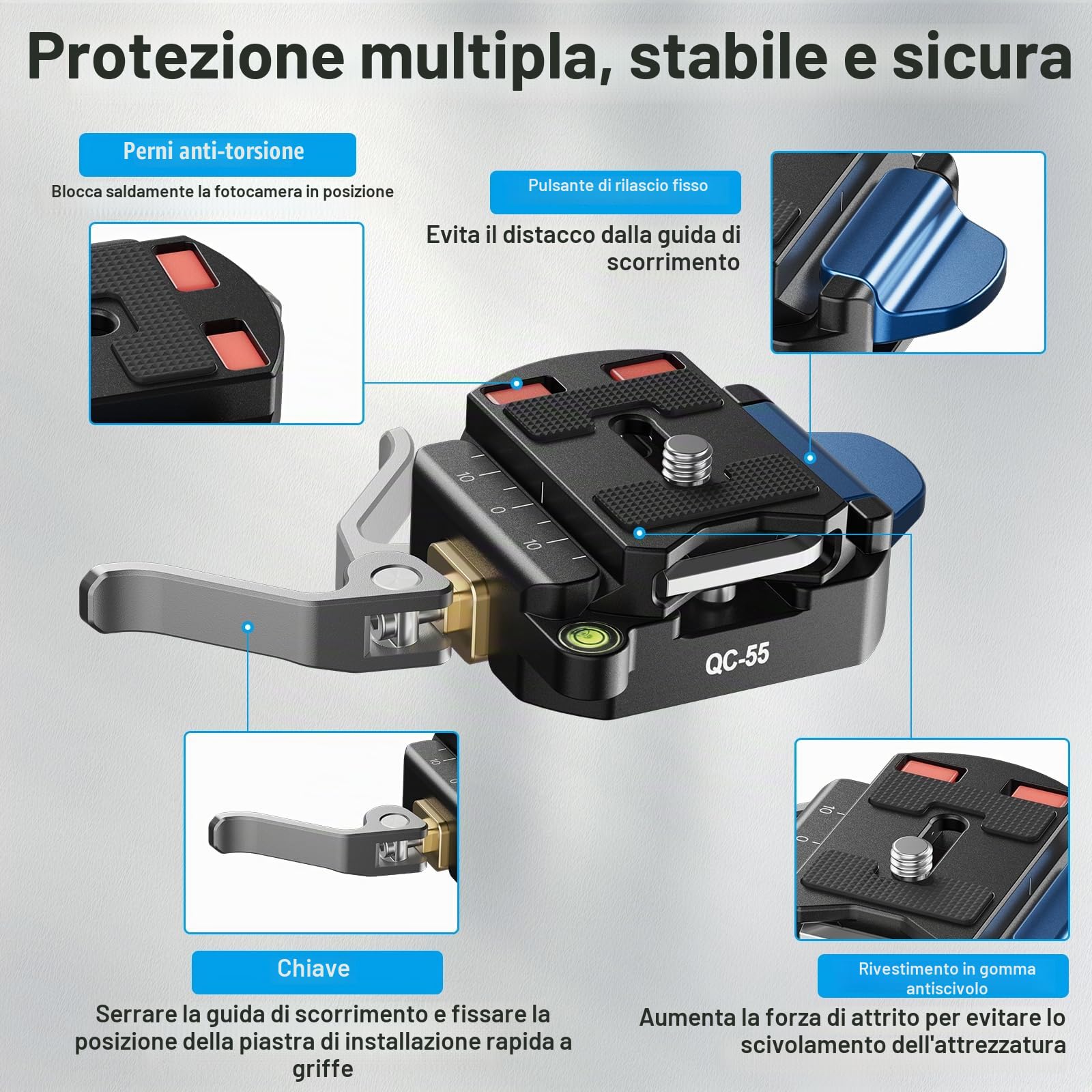 SIRUI Piastra Sgancio Rapido con Base di Serraggio, Quick Release Plate Clamp con Adattatore Vite da 3/8"-16 a 1/4"-20, Piastra di Rilascio Rapido per Fotocamera DSLR Treppiede Monopiede, QC-55