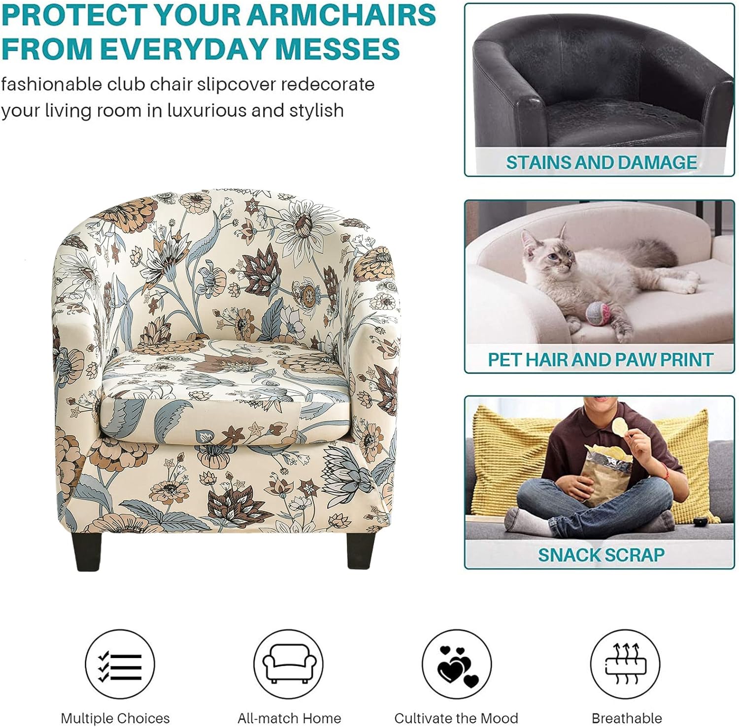KRFOONN Club Chair Slipcover 2 Piece Stretch Printed Round Barrel Chair Covers Removable Tub Chair Slipcover with Elastic Bottom Chair Coverings Furniture Protector Cover for Living Room, A11