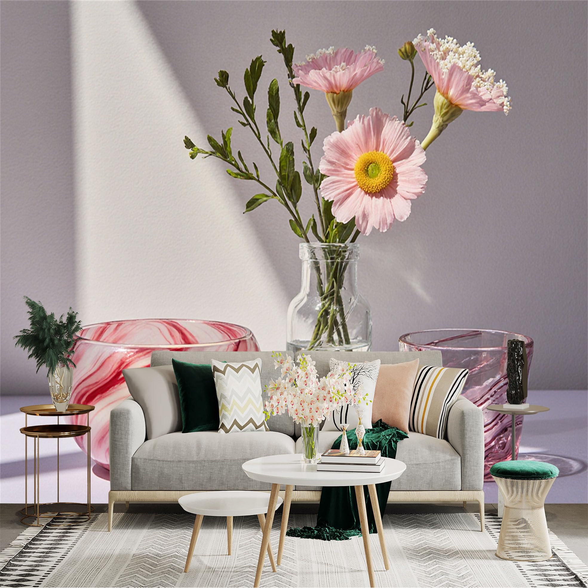Custom Size Wall Sticker Mural， Pink Flowers in Glass Vase， Swirl Pattern Glass Bowls， Minimalist Still Life Decor， for wall Decoration， peelandstick wall Decals.