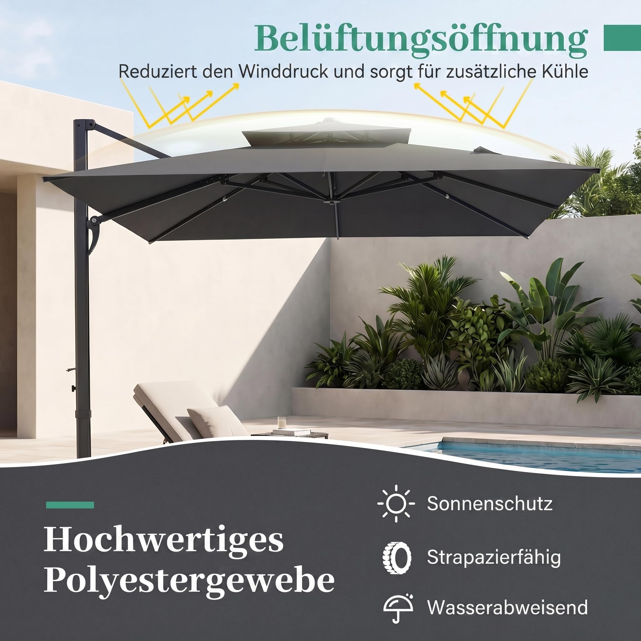 COSTWAY Sonnenschirm mit Doppeldach, 300 x 300 cm, Alu Ampelschirm mit Kurbel, 360° drehbar, quadratischer Gartenschirm, Marktschirm, Terrassenschirm für Garten, Terrasse, Pool (Anthrazit)