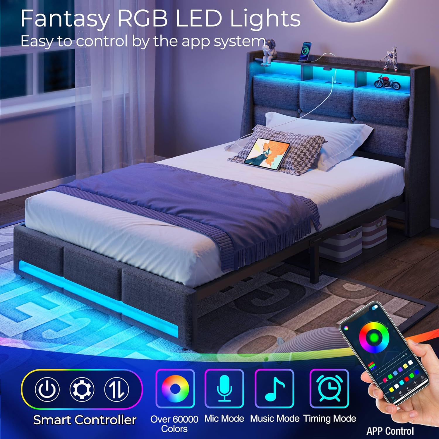 Rolanstar Bed Frame Twin Size with Charging Station and LED Lights, Upholstered Headboard with Storage Drawers, Heavy Duty Woden Slats, No Box Spring Needed, Single Bed, Easy Assembly - Image 3