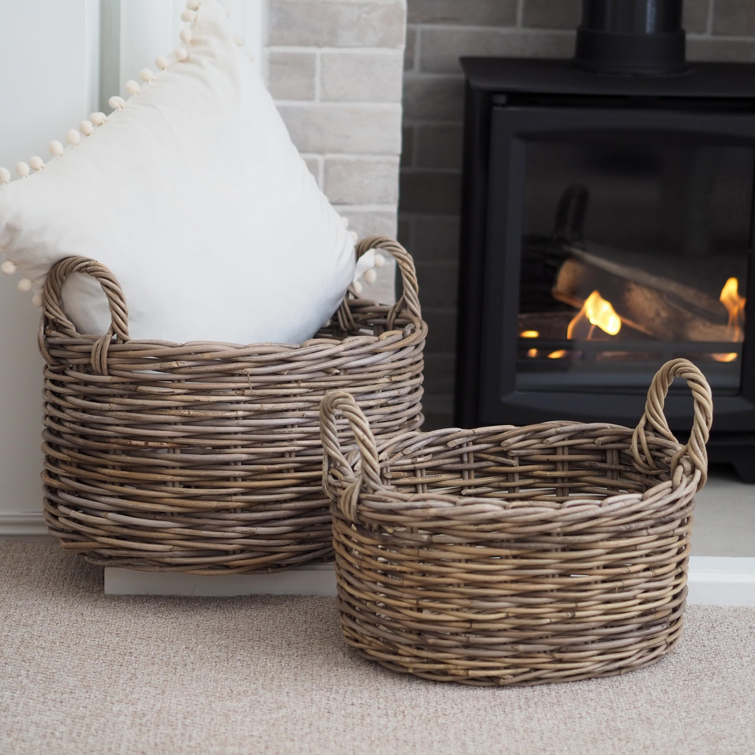Small Handwoven Oval Rattan Storage Basket with Handles, Log Basket, Rattan Home Storage