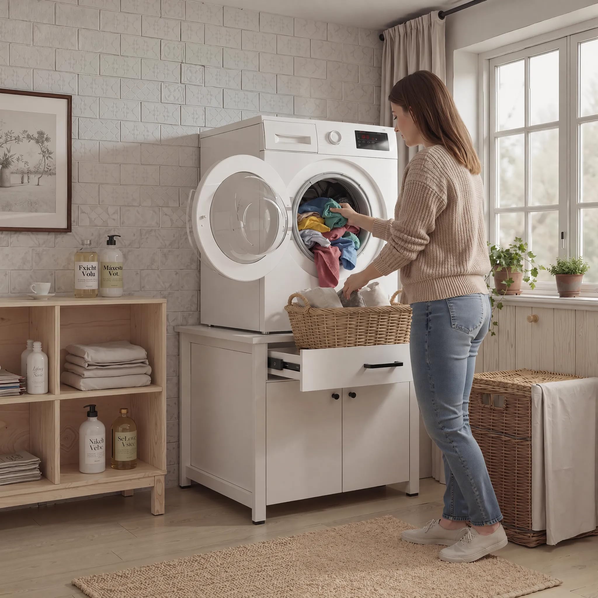 Waschmaschinenschrank Weiß 72x72x56 cm mit 1 Schublade und 2 Türen Metallrahmen und Eisenplatte belastbar bis 150 kg Badezimmerschrank Waschraum Aufbewahrung für Waschmittel und Reinigungszubehör