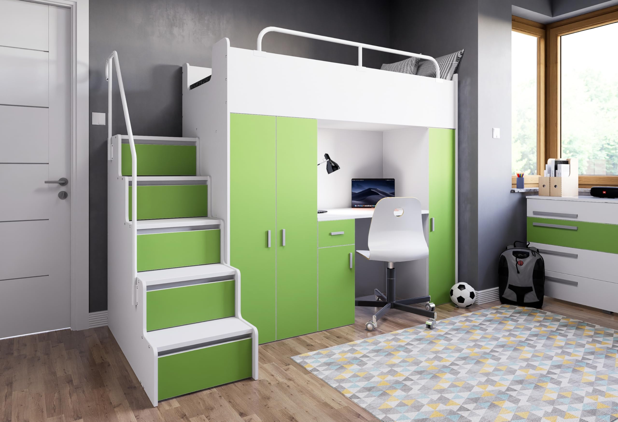 Hochbett Kinderbett JSM-5 90x200 mit Kleiderschrank Schreibtisch und Treppe Matt Etagenbett Stockbett Jugendhochbett (Weiß)
