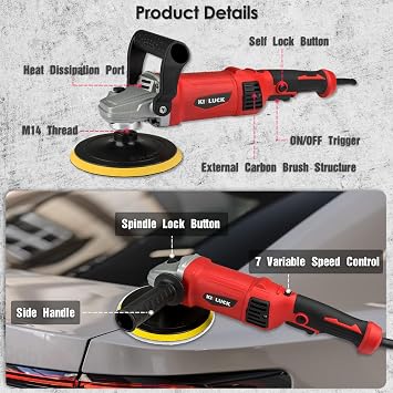 KITLUCK Buffer Polisher, 12Amp 6″/7″ Rotary Polisher for Car Detailing, 1400W 7 Variable Speed Car Buffer Polisher Machine, 800-3500RPM, with Foam Pad, Wool Pad For Car Polishing, Buffing, Waxing