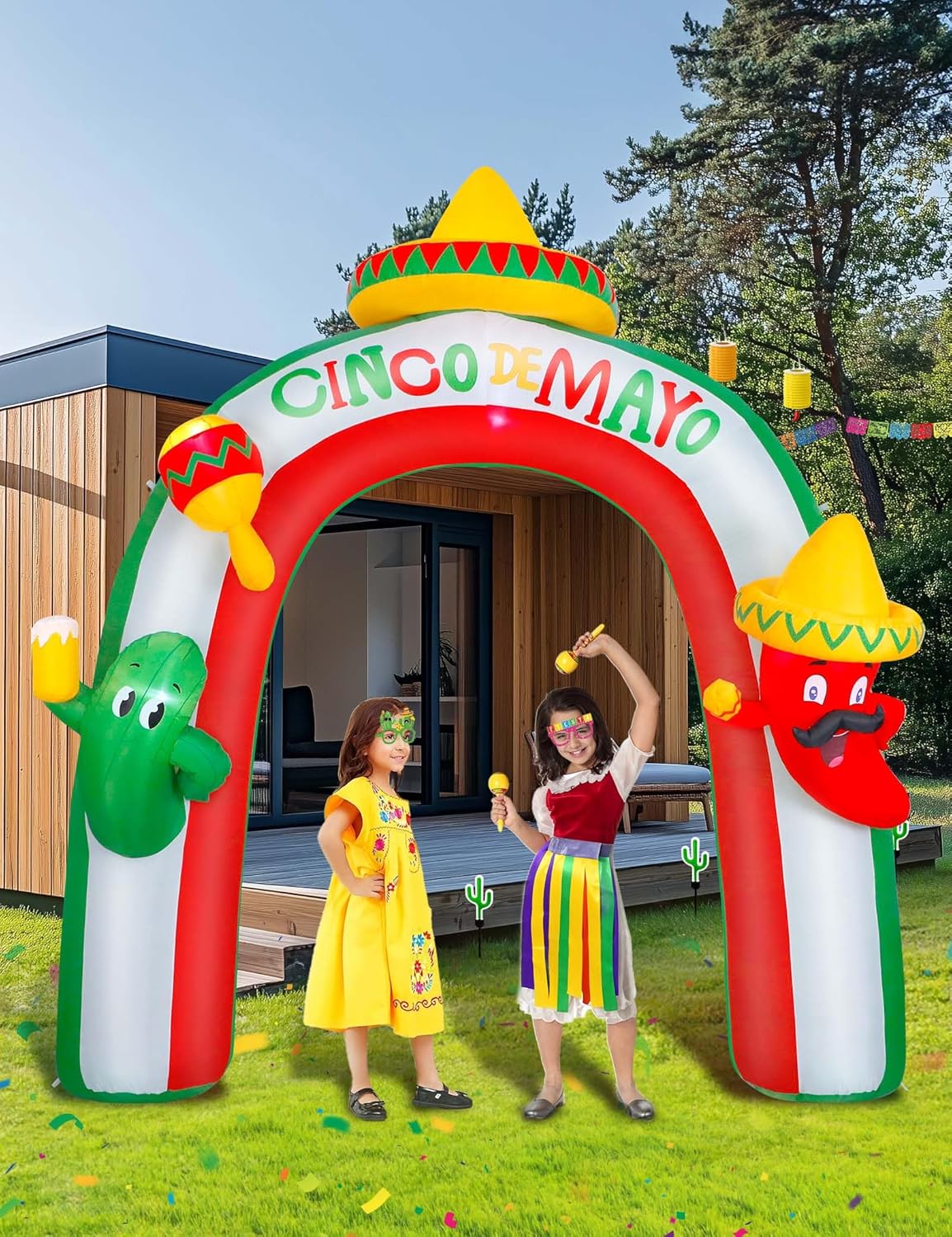 10FT Cinco De Mayo Inflatable Archway Outdoor Decoration, Blow-Up Entryway with Taco Sombrero, Maracas, Cactus & Chili Pepper, 5 LED Lights, Mexican Fiesta Party Yard Décor for Lawn & Garden