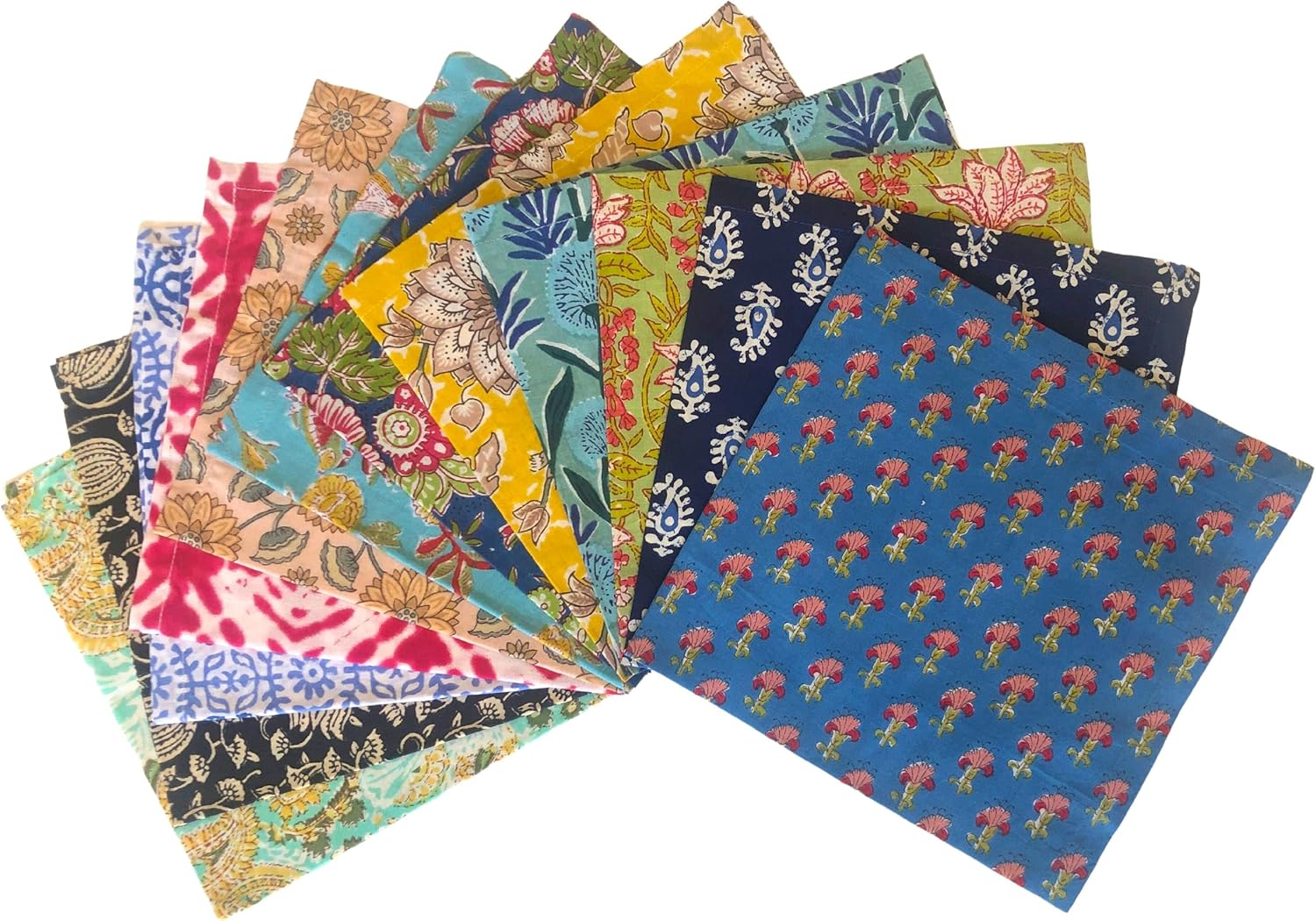 Craftbot Assorted Indian Cloth Napkins - Block Print 100% Cotton Fabric Napkins - 18x18 - Set of 12 Mixed Multicolor Dinner Napkins