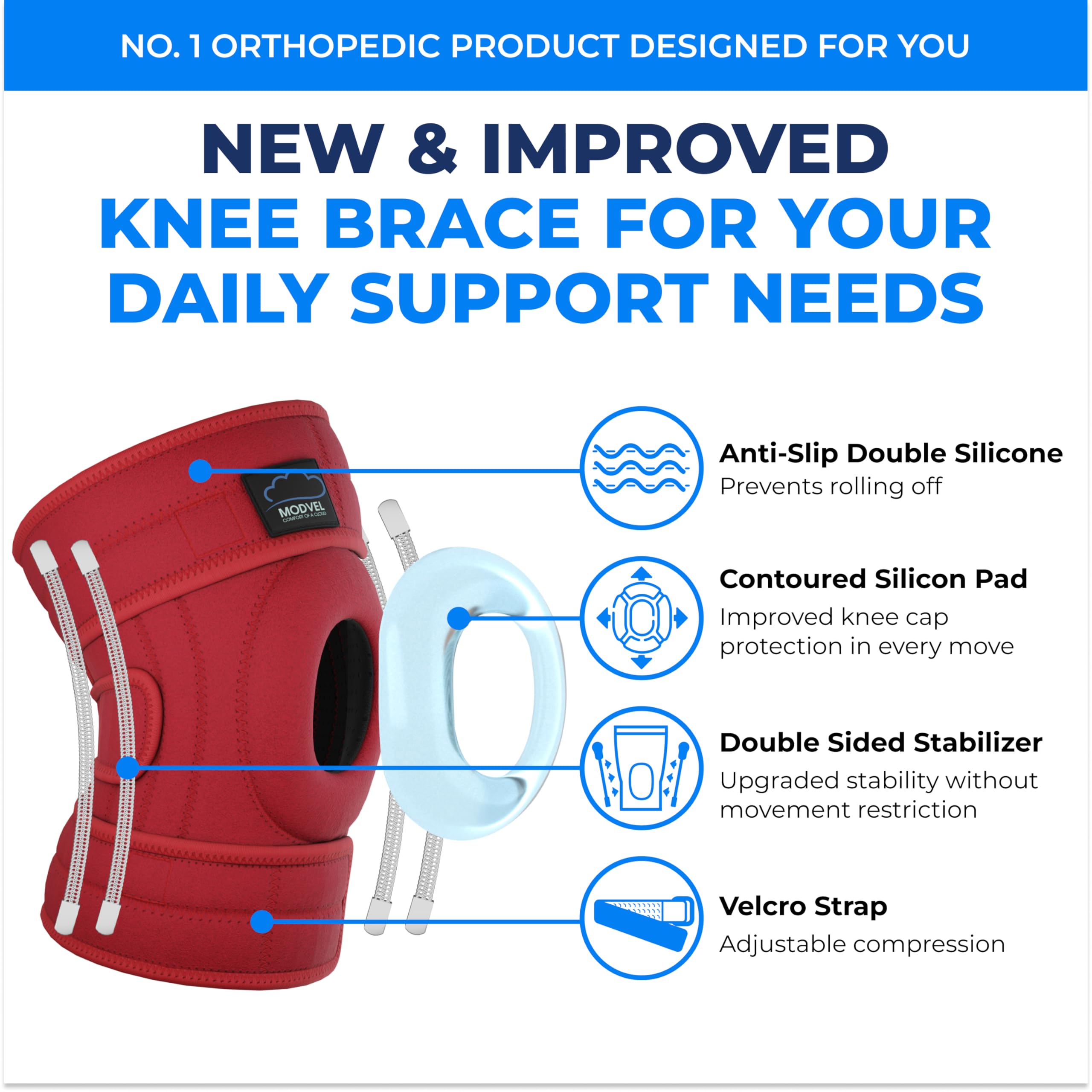MODVEL ELITE Kniebandage für Frauen und Männer mit Seitenstabilisatoren, Gel-Patella-Pads zum Reißen des Meniskus für maximale Unterstützung bei Knieschmerzen, ACL Knieschoner