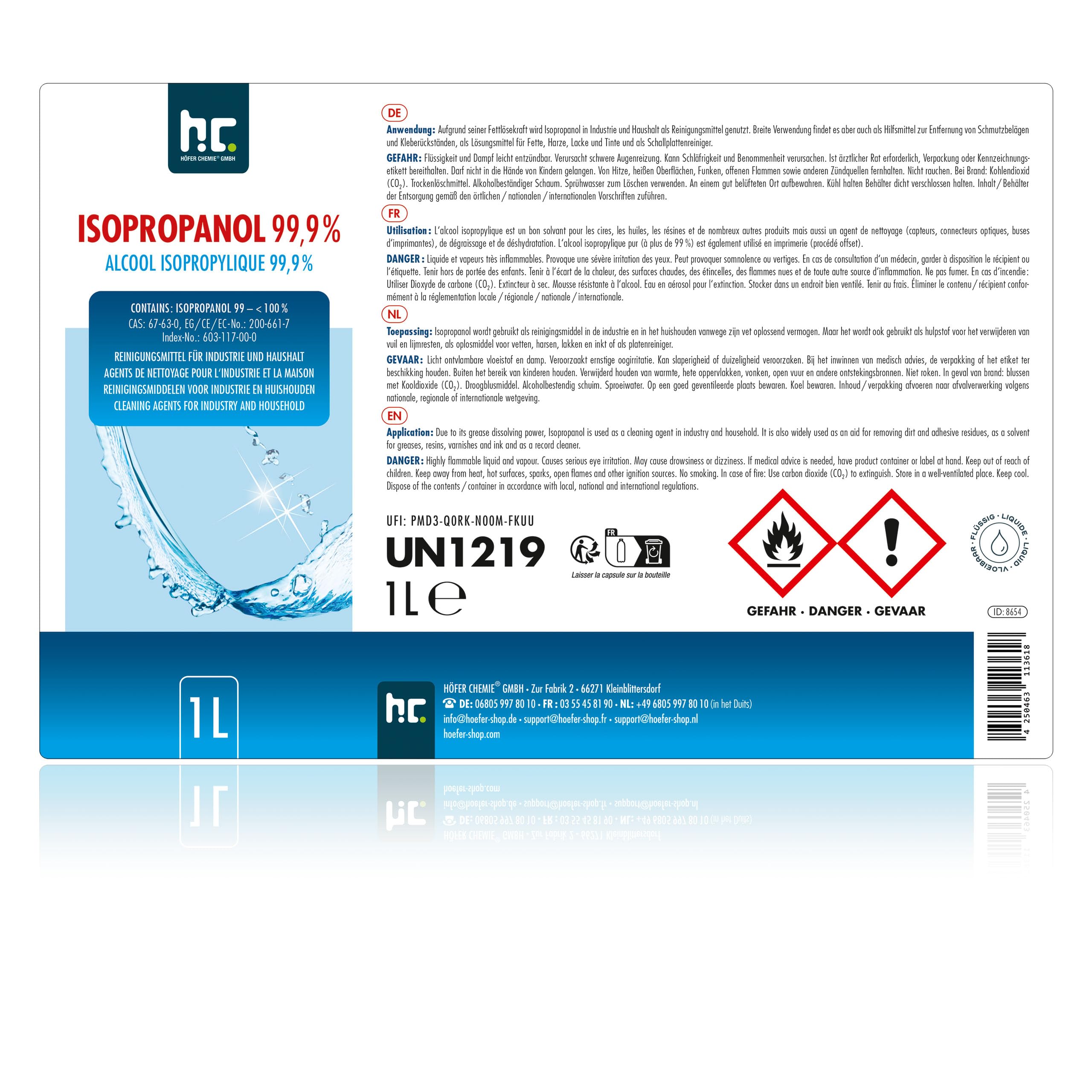 Höfer Chemie Isopropanol 99,9% (IPA) 24 X 1 L - Alcool Isopropylique pour le Nettoyage et le Dégraissage - Solvant Puissant - Multiusage