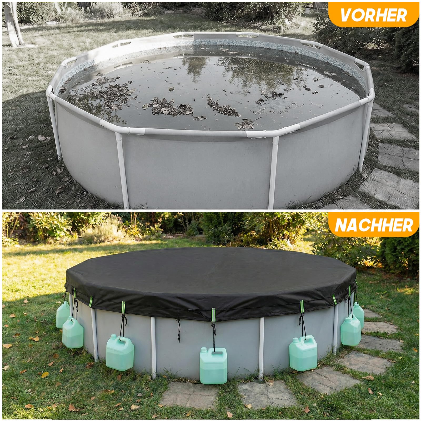 2026 Upgrade Poolabdeckung Rund 366 cm – mit Reflexstreifen und Eine gewogen Werden& 210D Oxford | Ganzjahresplane für Sommer und Winter (schwarz, 366CM)