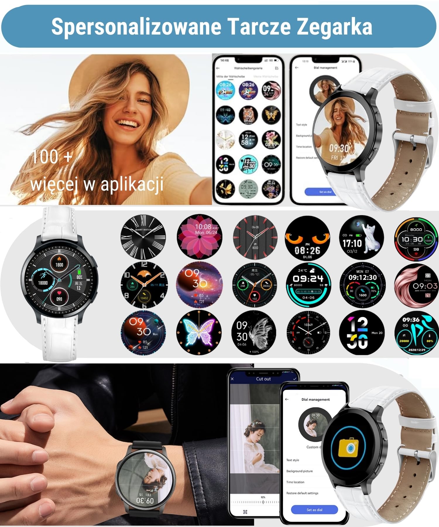 Smartwatch damski z funkcją telefonu, 1,5" zegarek fitness na rękę, zegarek sportowy z pulsometrem, sterowanie muzyką, krokomierzem, kalorii, wodoszczelny tracker fitness (Z-biały/skóra, 1.5")