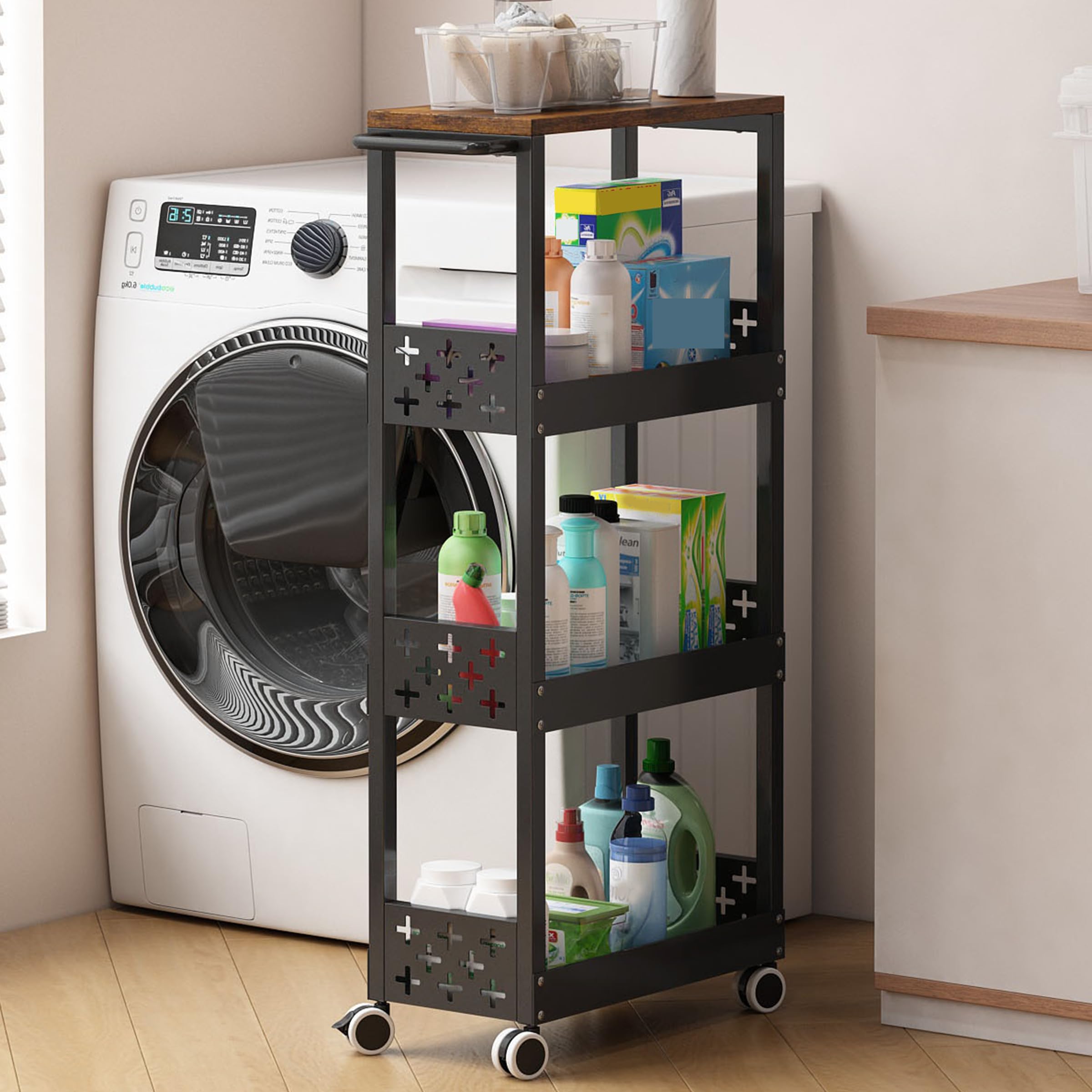 UMDONX Carrito Cocina Estrecho de Metal Carrito Auxiliar con Ruedas, Carrito de Servicio de 4 Niveles para Espacios Pequeños Baño Lavadero, 42x17x87cm (Negro)