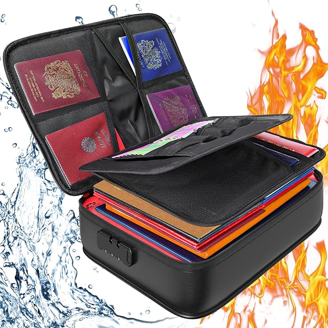 Fireproof Document Bag with Code Lock, Large Lockable Document Organizer Box Fireproof Water Resistant, Multi-Layer File Storage bag for Home Office Important Documents, Certificates and Valuables