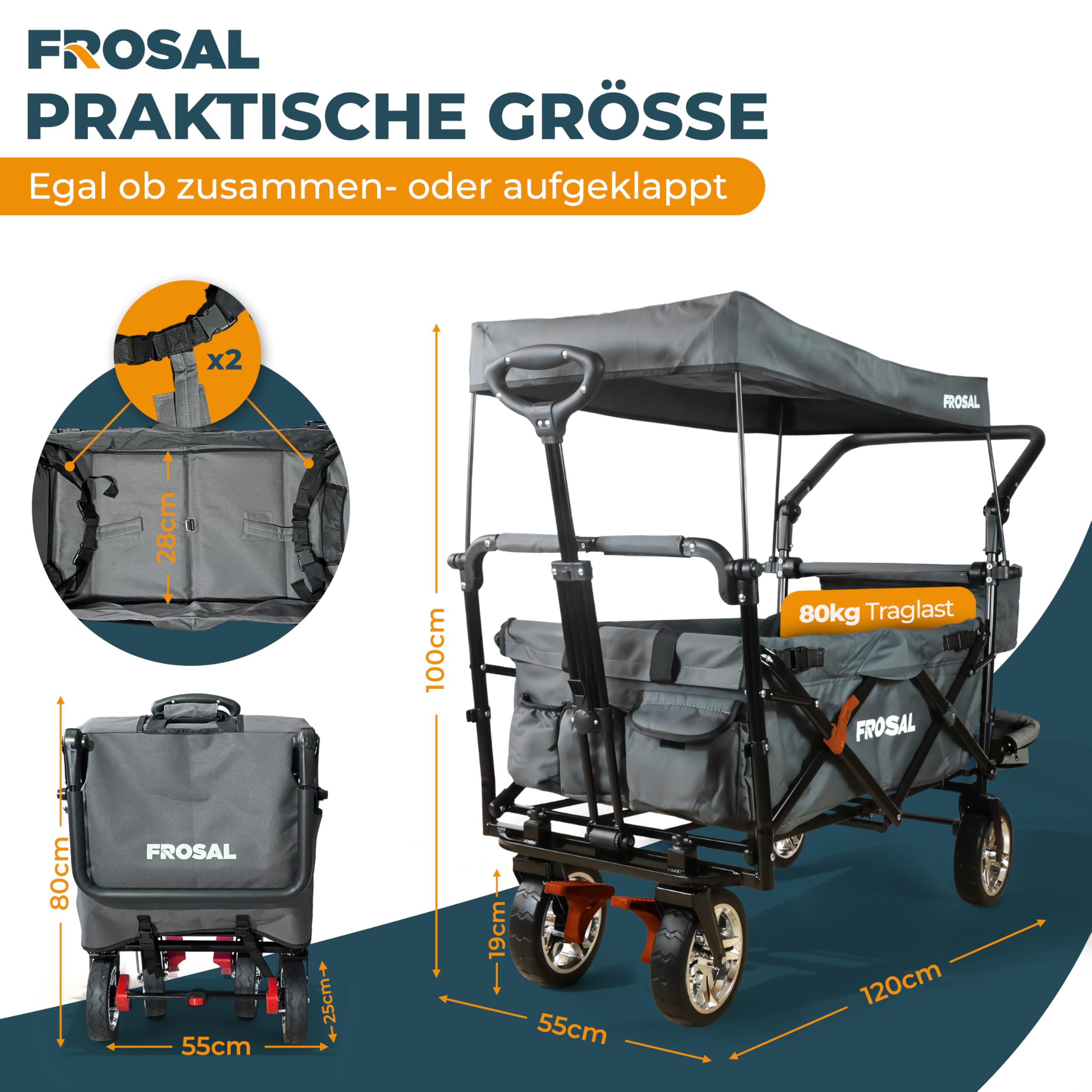 FROSAL Bollerwagen Leo grau – faltbar mit Sonnendach LSF 25 – pannensichere PU-Räder Ø ca. 20 cm – 80 kg Traglast – Vorderräder 360° drehbar – Bremsen vorne & hinten – Schiebegriff & Zugstange
