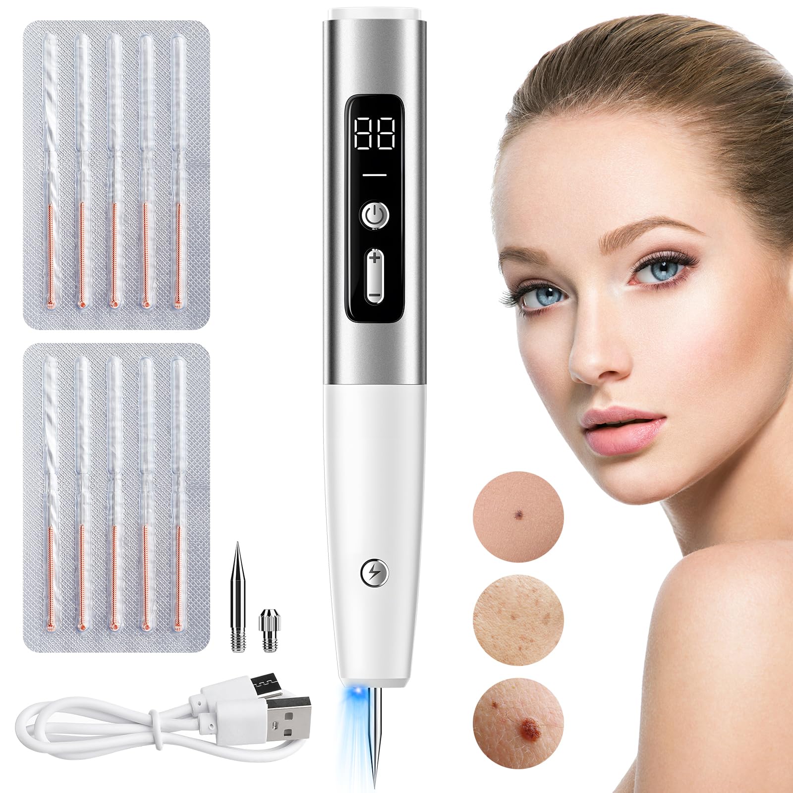 Skin Tags Remover Pen, Mole Remover Pen Kit with 15 Levels LCD Display & Spotlight Portable Rechargeable Skin Tags Removal Kit with Replaceable Needles for Wart Freckle Dark Spot (Silver)